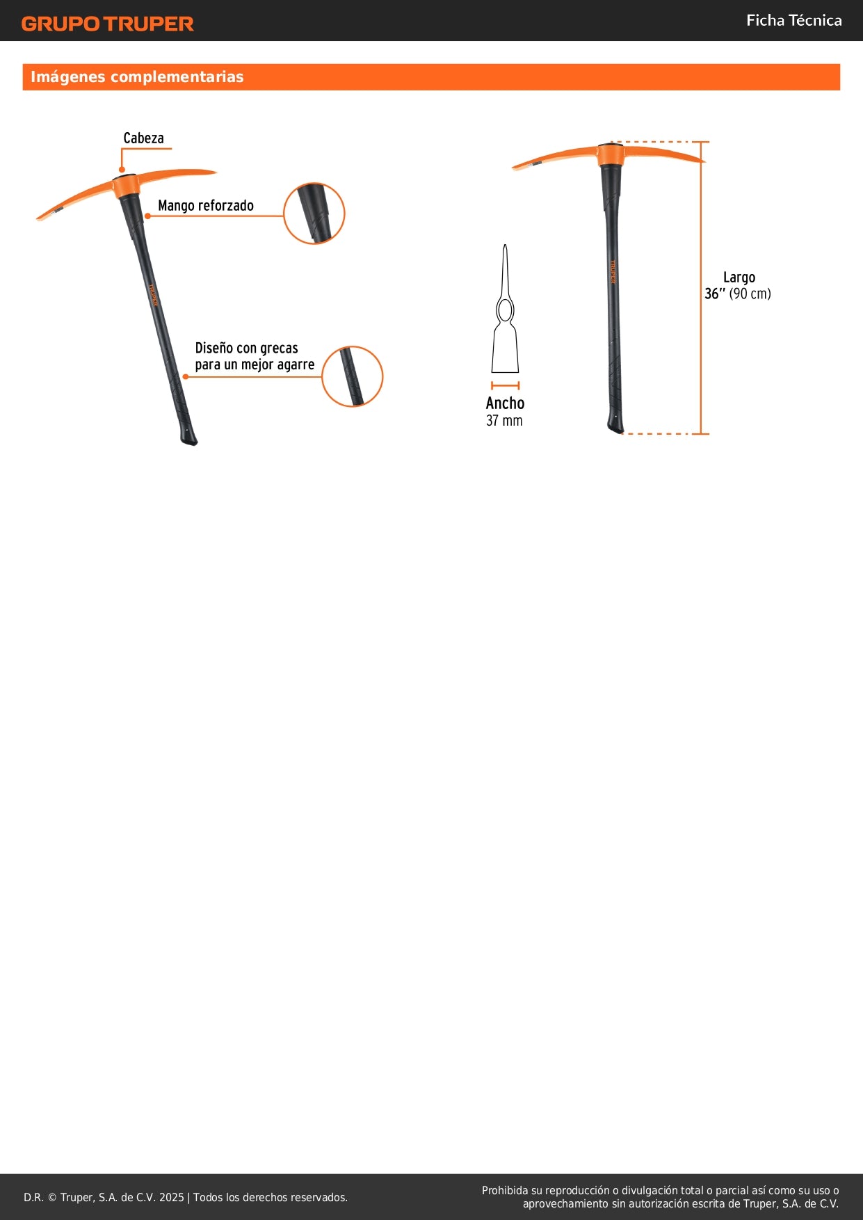 Zapapico Truper 7 lb Mango Fibra Vidrio 36" - Herramienta Profesional para Desenterrar Raíces y Romper Tierra Dura ZP-7M