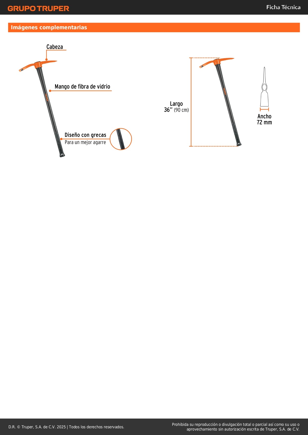 Talacho-Pico 2.5 lb Truper TP-2.5M - Herramienta Excavación Suelo Duro y Demolición Rocas - Mango Fibra Vidrio 36 Pulgadas