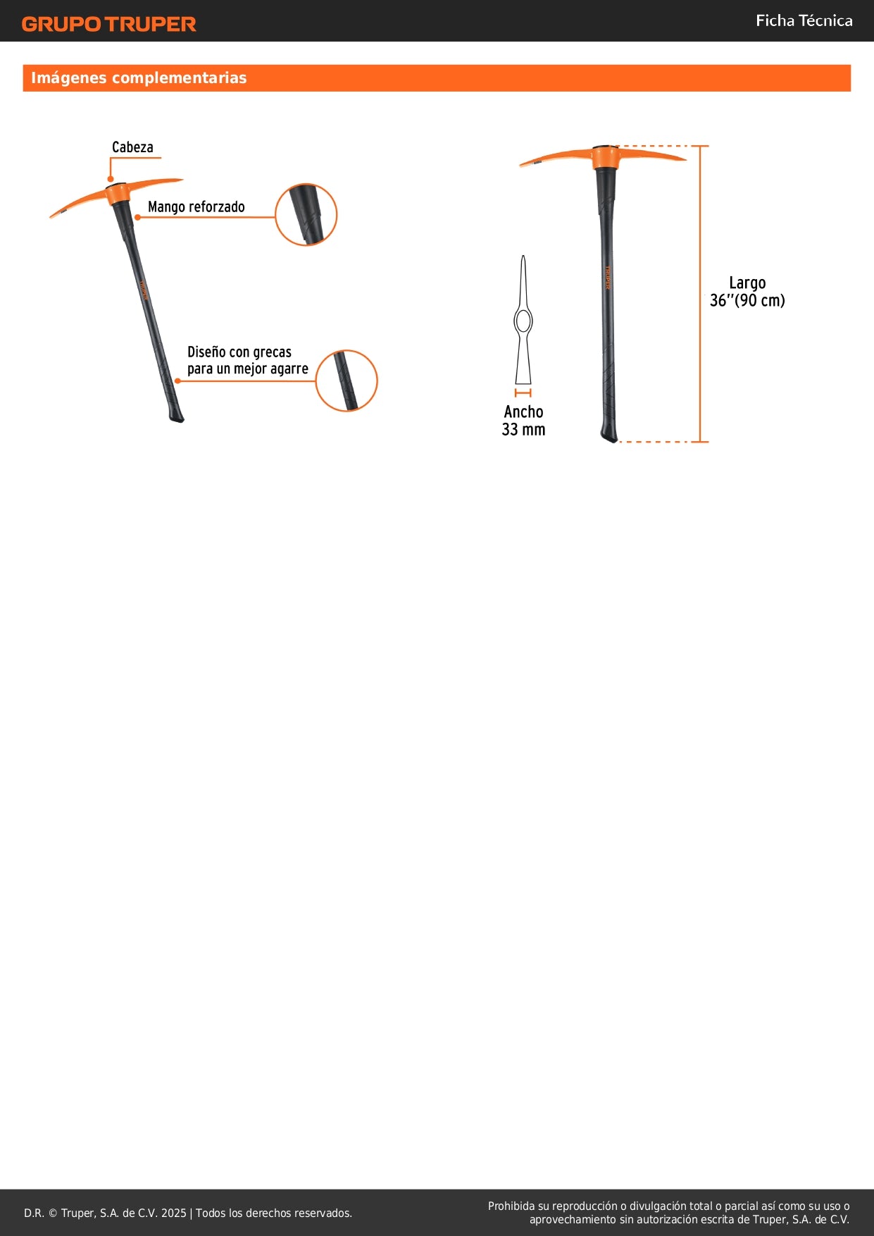 Zapapico Truper 5 lb Mango Fibra Vidrio 36" - Herramienta Profesional para Desenterrar Raíces y Romper Tierra Dura ZP-5M