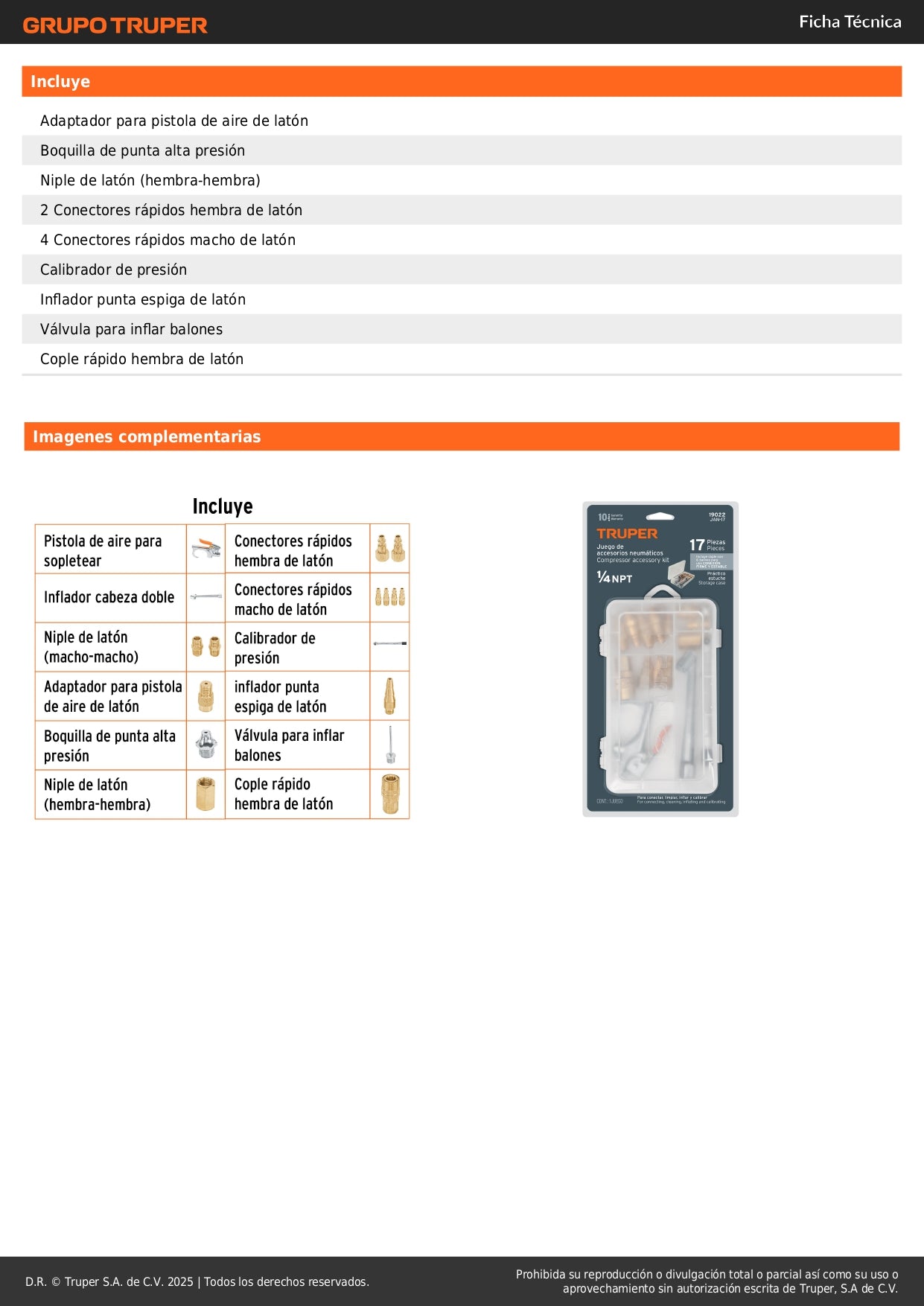 Kit Completo 17 Accesorios Neumáticos TRUPER JAN-17 - Pistola Aire, Inflador, Conectores - Solución Profesional Limpieza e Inflado