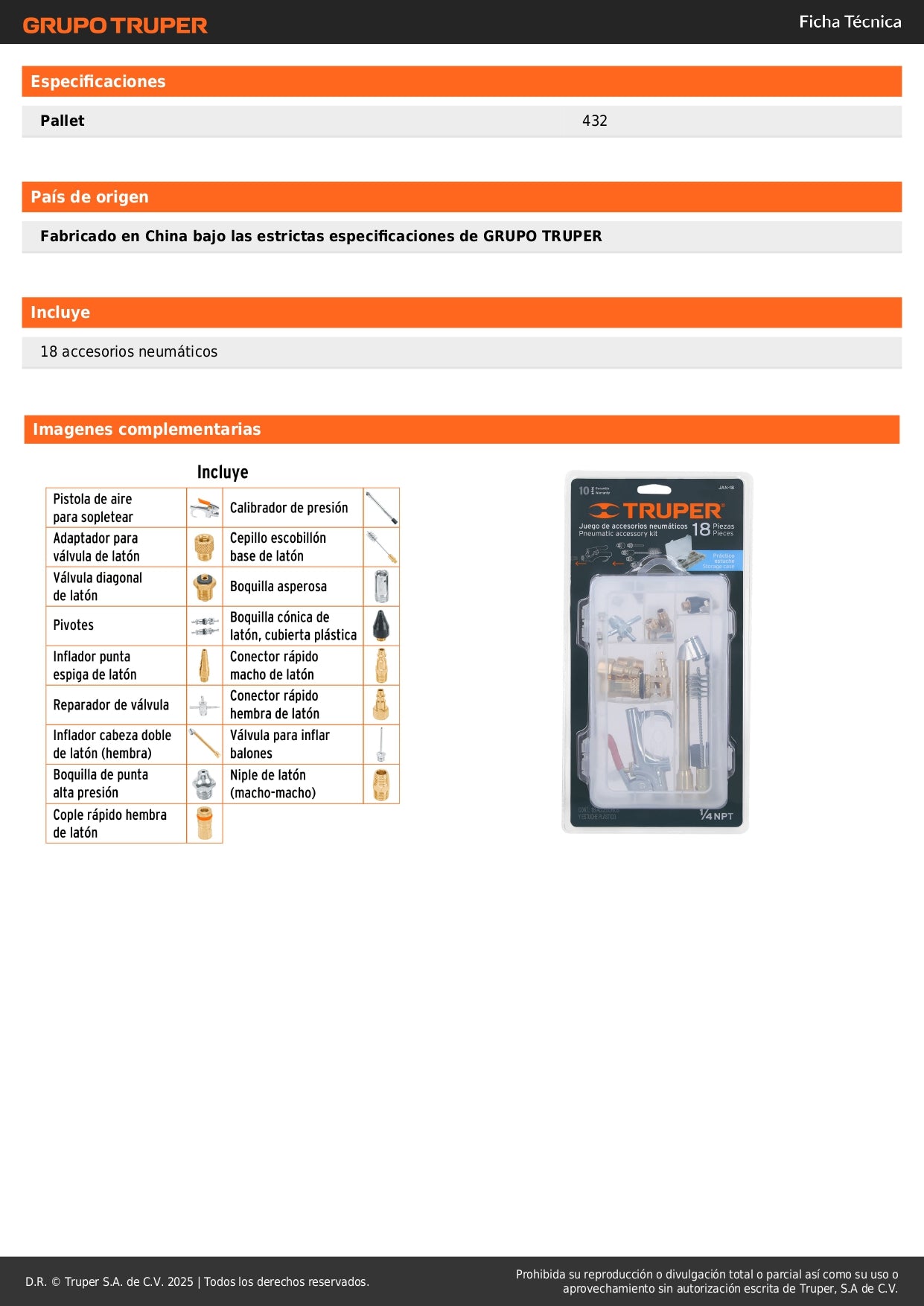 Kit Completo 18 Accesorios Neumáticos TRUPER JAN-18 - Pistola Aire, Inflador, Calibrador - Solución Profesional para Taller Automotriz