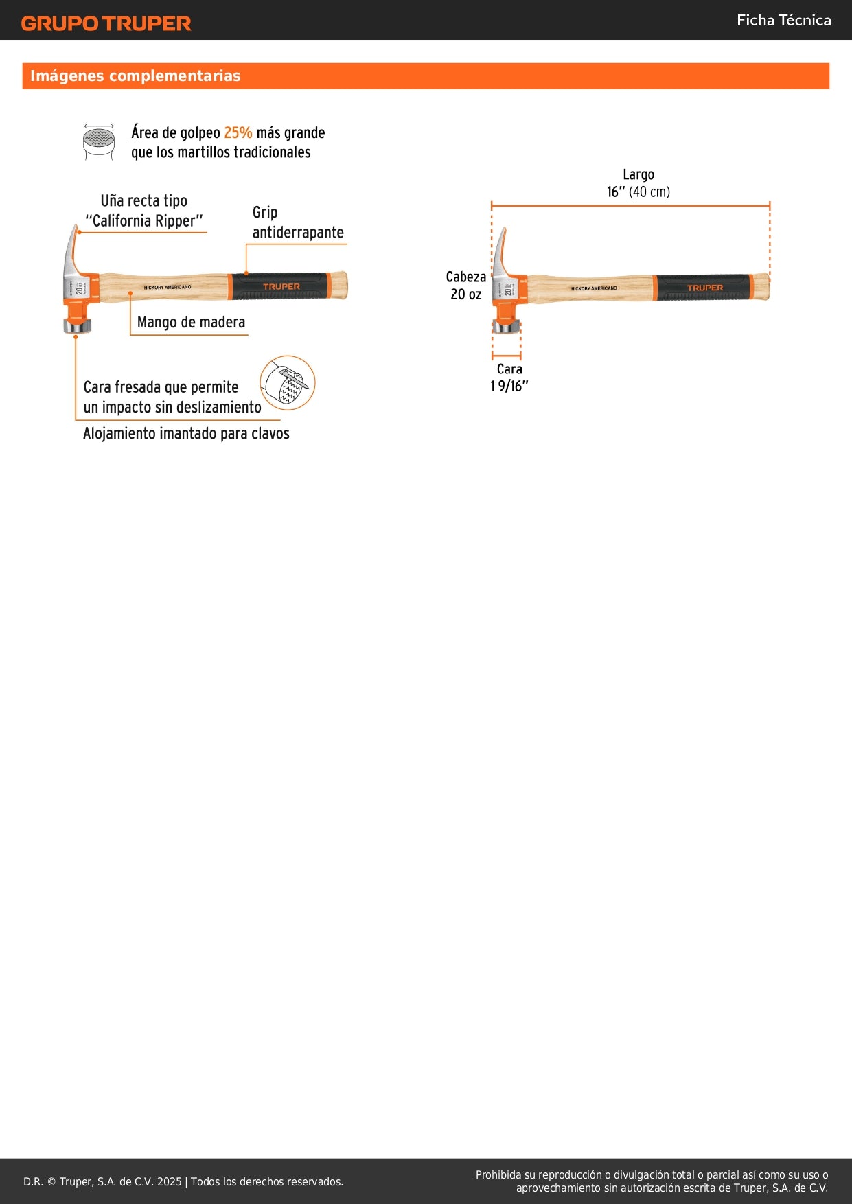 Martillo 20 oz Uña Recta California TRUPER GRIP MORCA-20 - Cabeza Acero Fresada Antideslizante con Imán para Clavos - Mango Madera Antiderrapante - Solución Profesional para Clavar y Extraer Clavos sin Esfuerzo