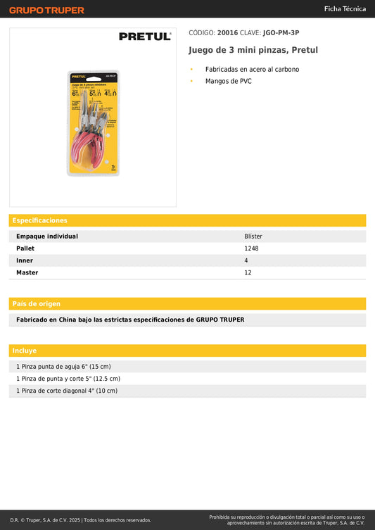 Juego 3 Mini Pinzas Pretul JGO-PM-3P - Acero Carbono PVC - Precisión Trabajos Delicados Electrónica Joyería