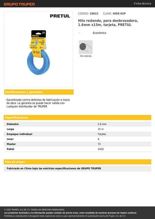 Hilo redondo, para desbrozadora, 1.6mm x15m, tarjeta, PRETUL