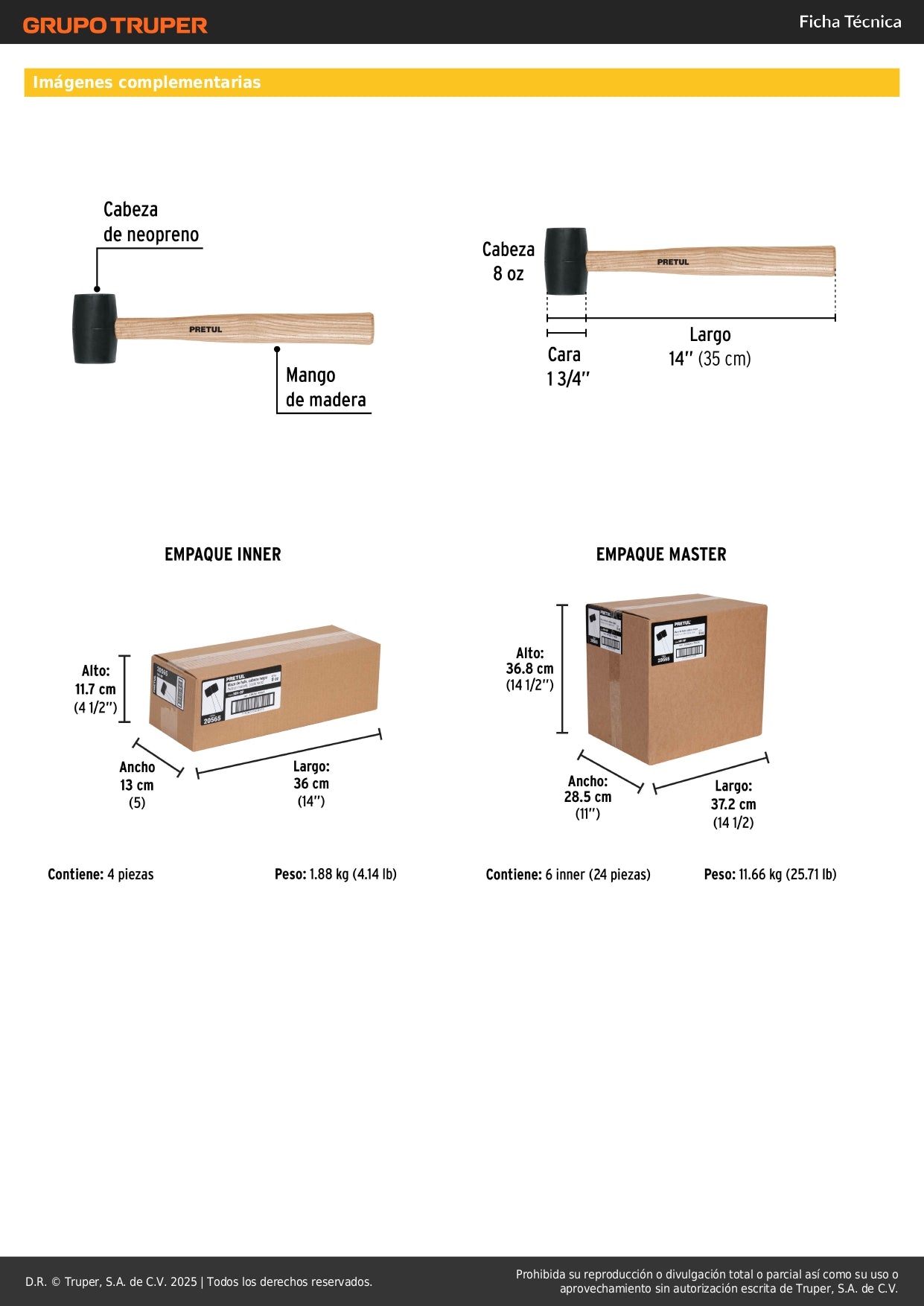 Mazo de Hule 8 oz Pretul MH-8P - Cabeza de Neopreno para Instalación de Duela y Zócalos sin Dañar Superficies - Mango de Madera Ergonómico
