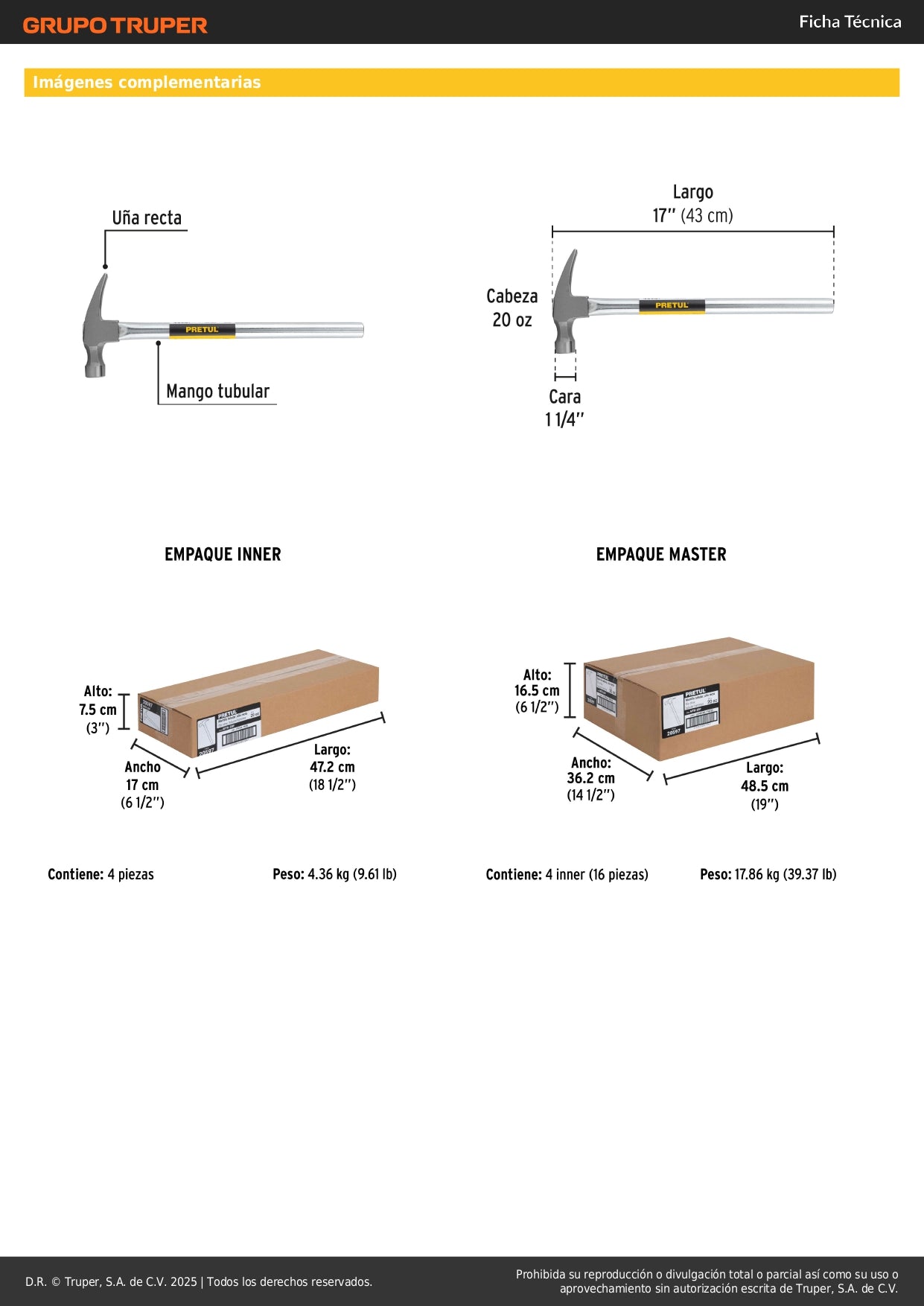 Martillo Uña Recta 20 oz Pretul MTR-20P - Mango Tubular Reforzado para Trabajo Pesado y Extracción de Clavos