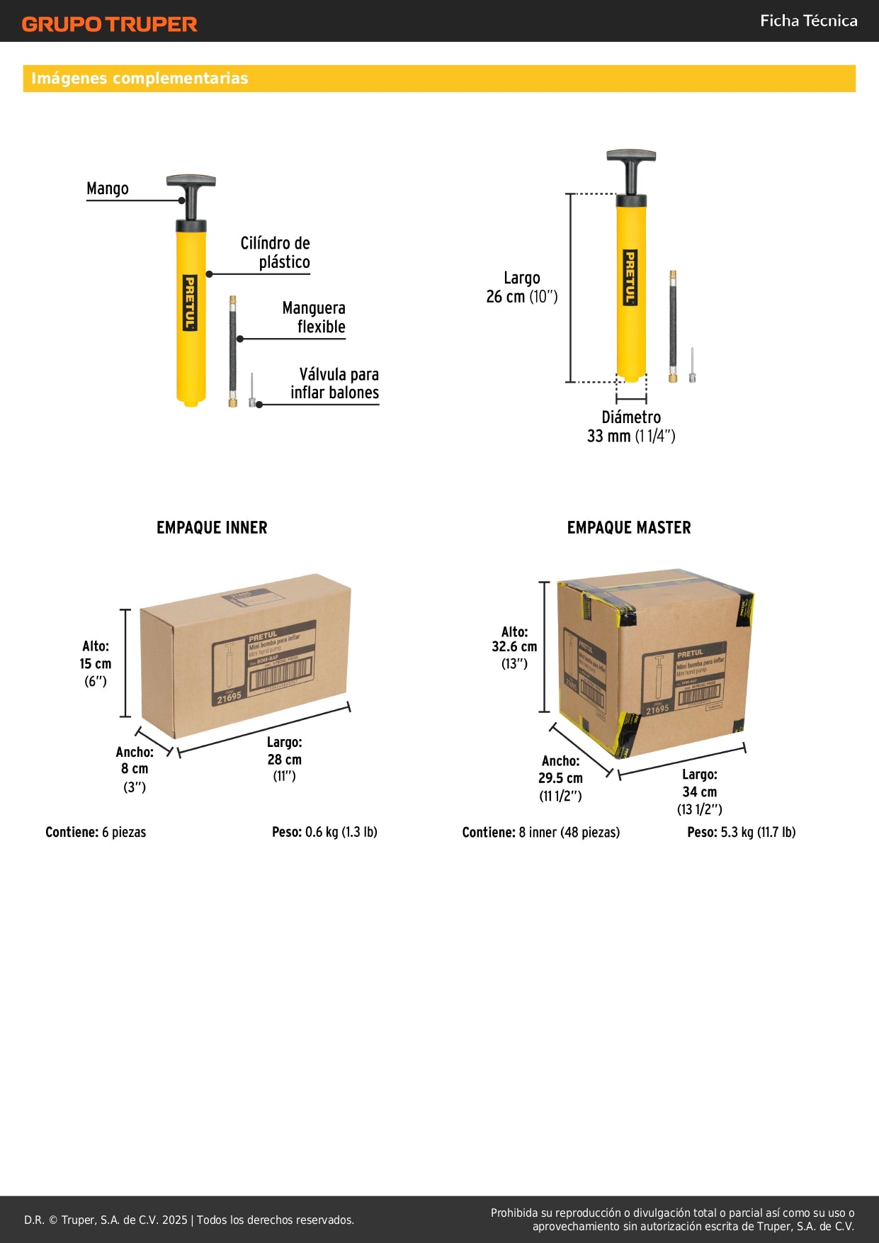 Mini Bomba Manual PRETUL BOM-BAP para Inflar Balones 25 PSI - Solución Portátil y Ergonómica para Mantener Pelotas Siempre Infladas - Cuerpo Plástico Resistente y Fácil Transporte