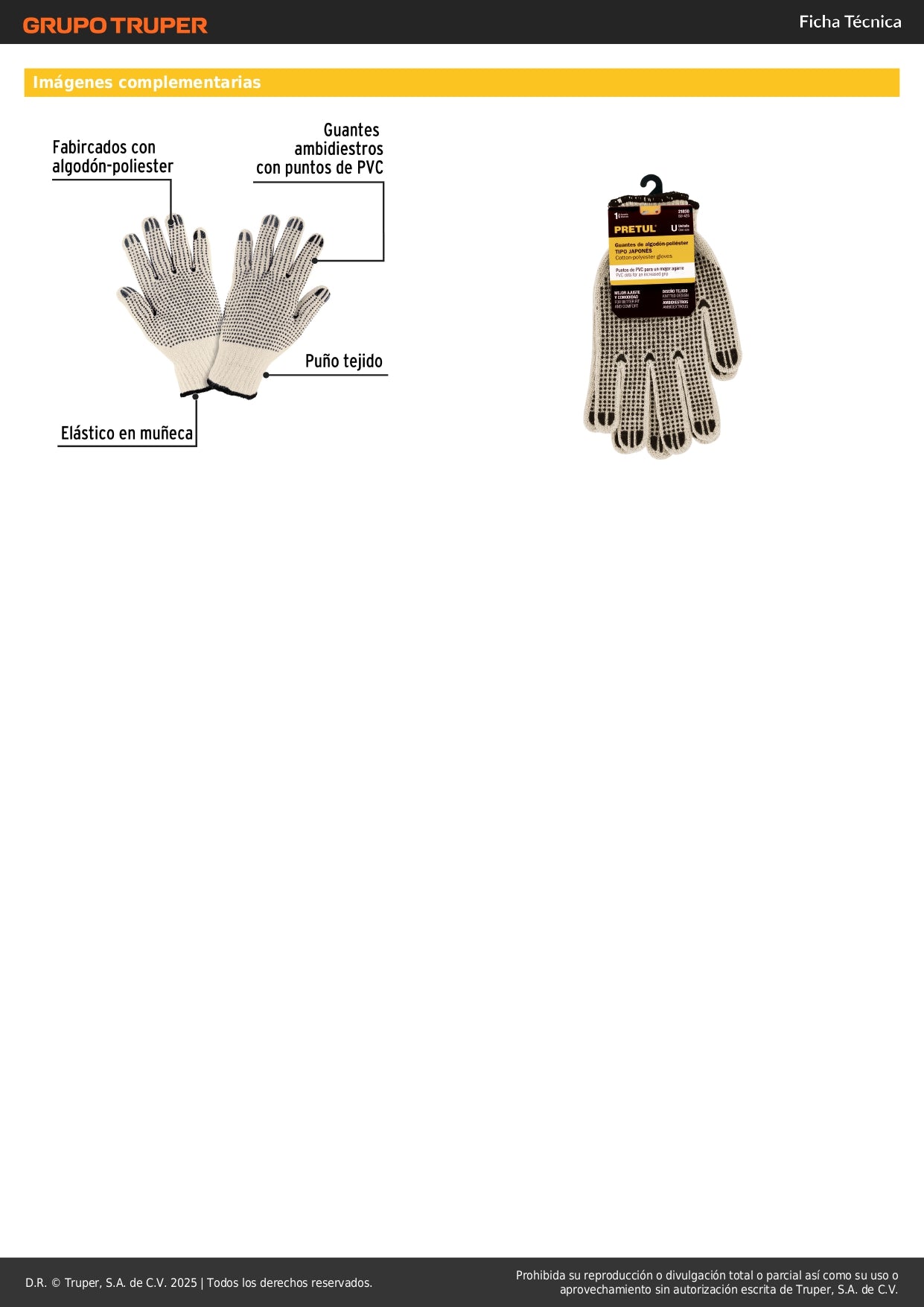 Guantes de Trabajo PRETUL GU-425 - Algodón con Puntos PVC Antideslizantes para Máximo Agarre y Protección Industrial