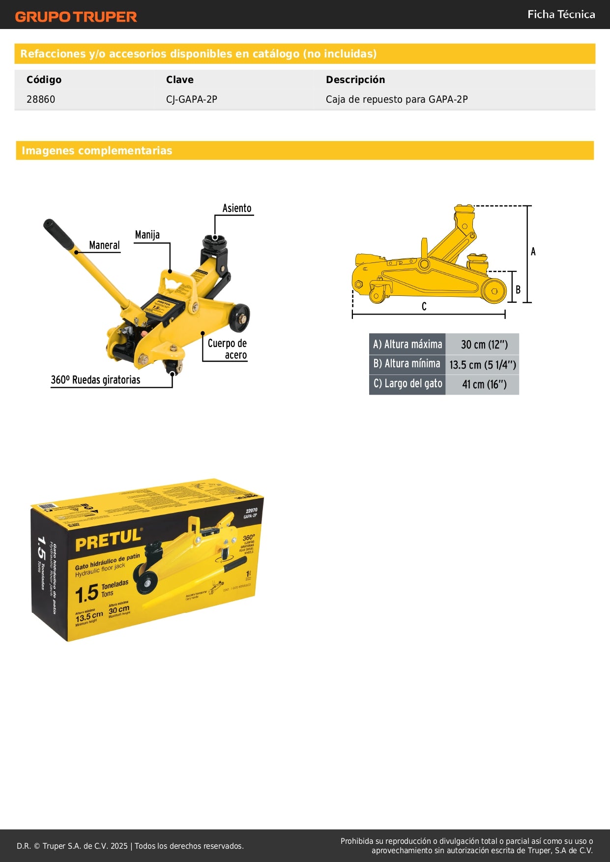 Gato Hidráulico de Patín 1.5 Toneladas Pretul GAPA-2P - Levantamiento Seguro de Vehículos con 32 Movimientos y Ruedas Giratorias