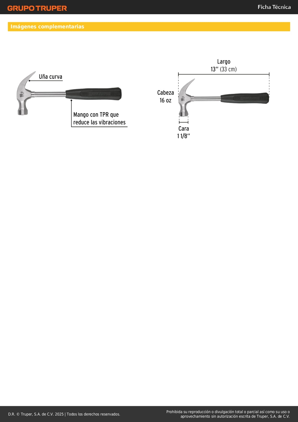 Martillo Pretul 16 oz Uña Curva SJ-16P - Mango Antivibración TPR para Clavar y Extraer Clavos