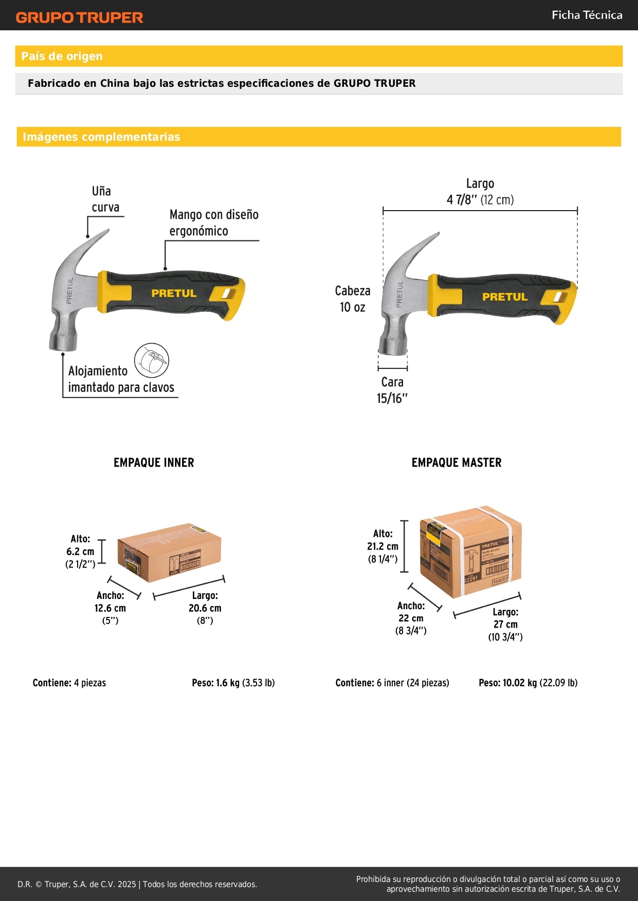 Martillo Pretul 10 oz Comfort Grip MO-10E - Cabeza Imantada Acero Pulido - Herramienta Profesional Carpintería