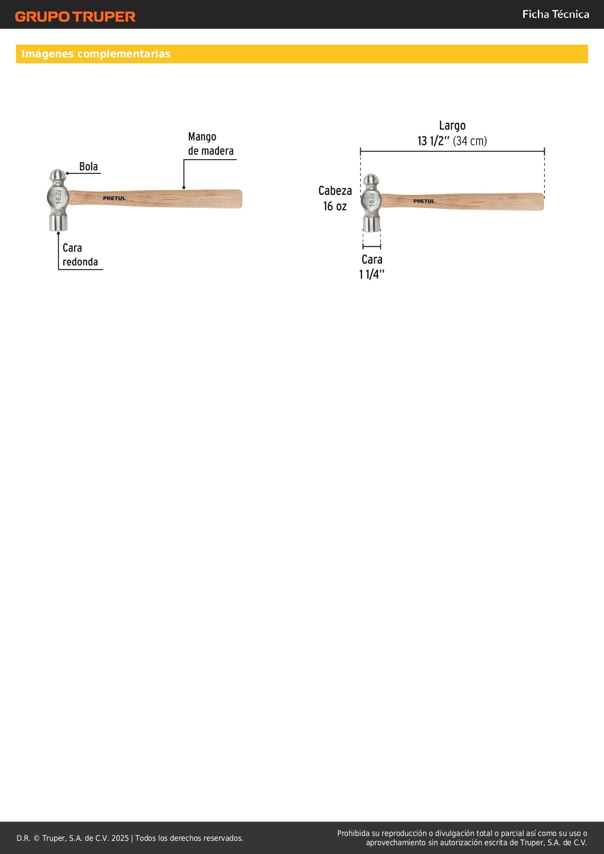 Martillo de Bola 16 oz Pretul MB-16P - Acero al Carbono con Mango de Madera - Herramienta Profesional para Trabajos de Precisión y Acabados