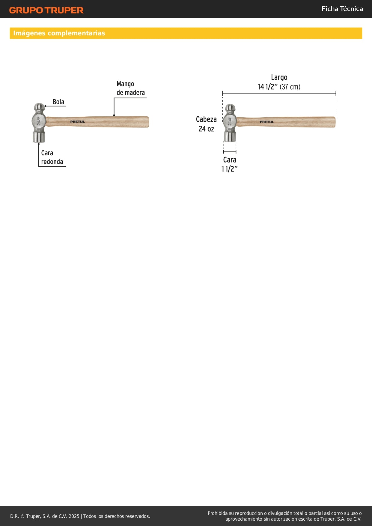 Martillo de Bola 24 oz Pretul MB-24P - Acero al Carbono con Mango de Madera - Herramienta Profesional para Trabajos de Precisión y Conformado de Metal
