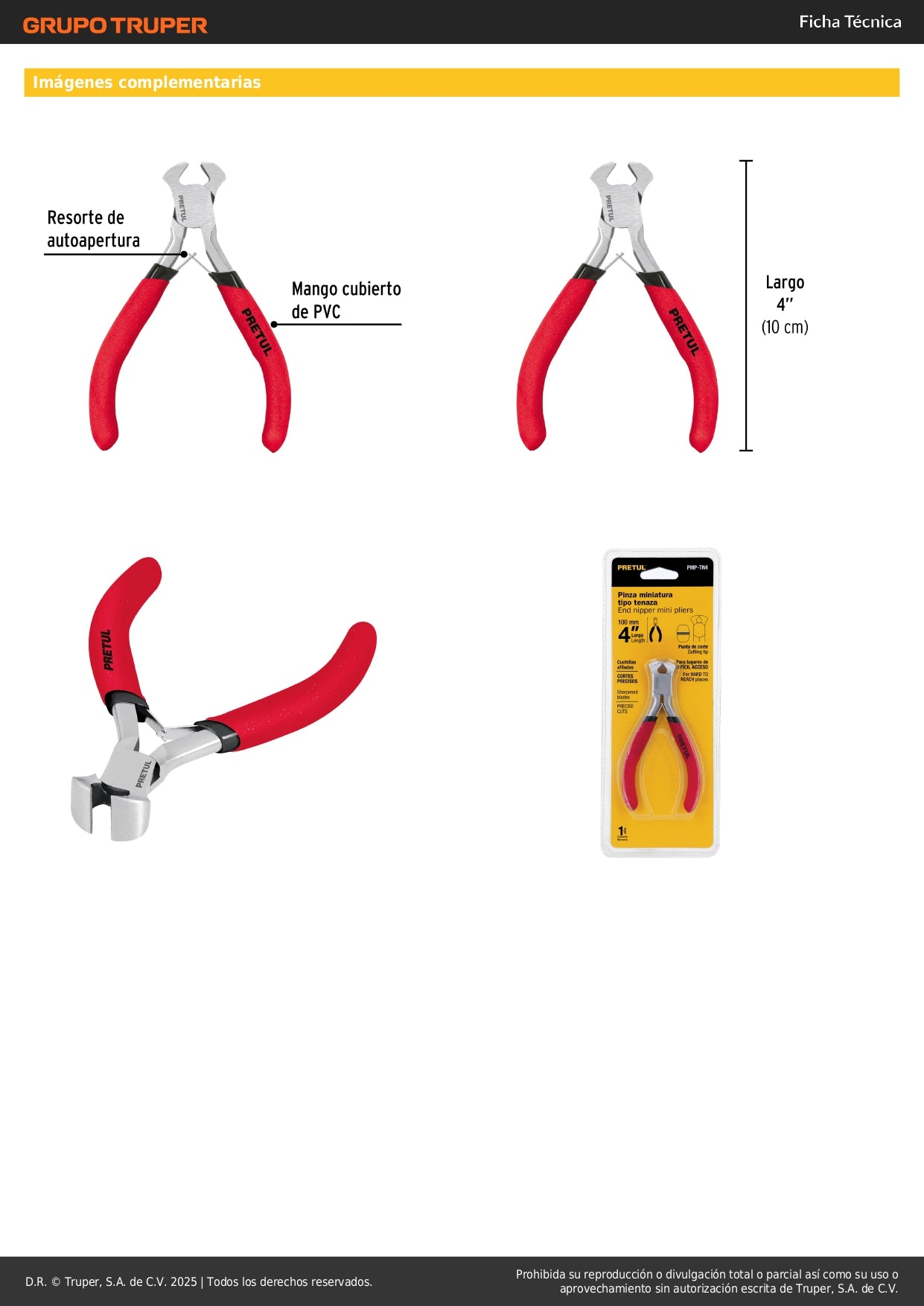 Mini Pinza Tenaza 4 Pulgadas Pretul PMP-TN4 - Acero Carbono para Espacios Reducidos y Cortes Precisos