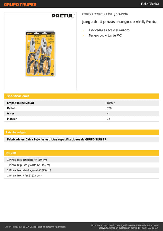 Juego 4 Pinzas Mango Vinil Pretul JGO-PIN4 - Acero Carbono PVC - Herramientas Precisión Agarre Seguro