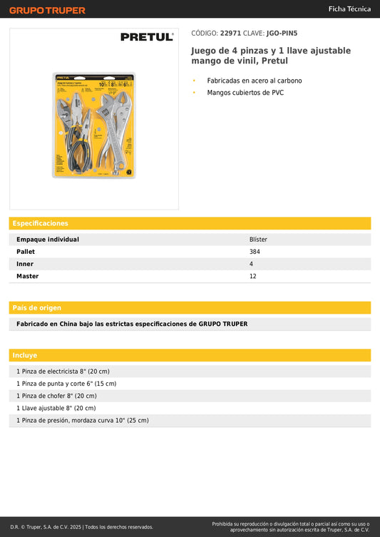 Juego de 4 Pinzas y 1 Llave Ajustable Mango Vinil Pretul JGO-PIN5 - Kit Herramientas Profesional para Reparación y Mantenimiento