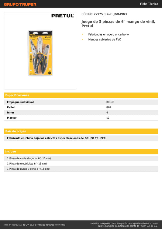 Juego 3 Pinzas 6 Pulgadas Pretul JGO-PIN3 - Acero Carbono Mango PVC - Herramientas Profesionales Ferretería