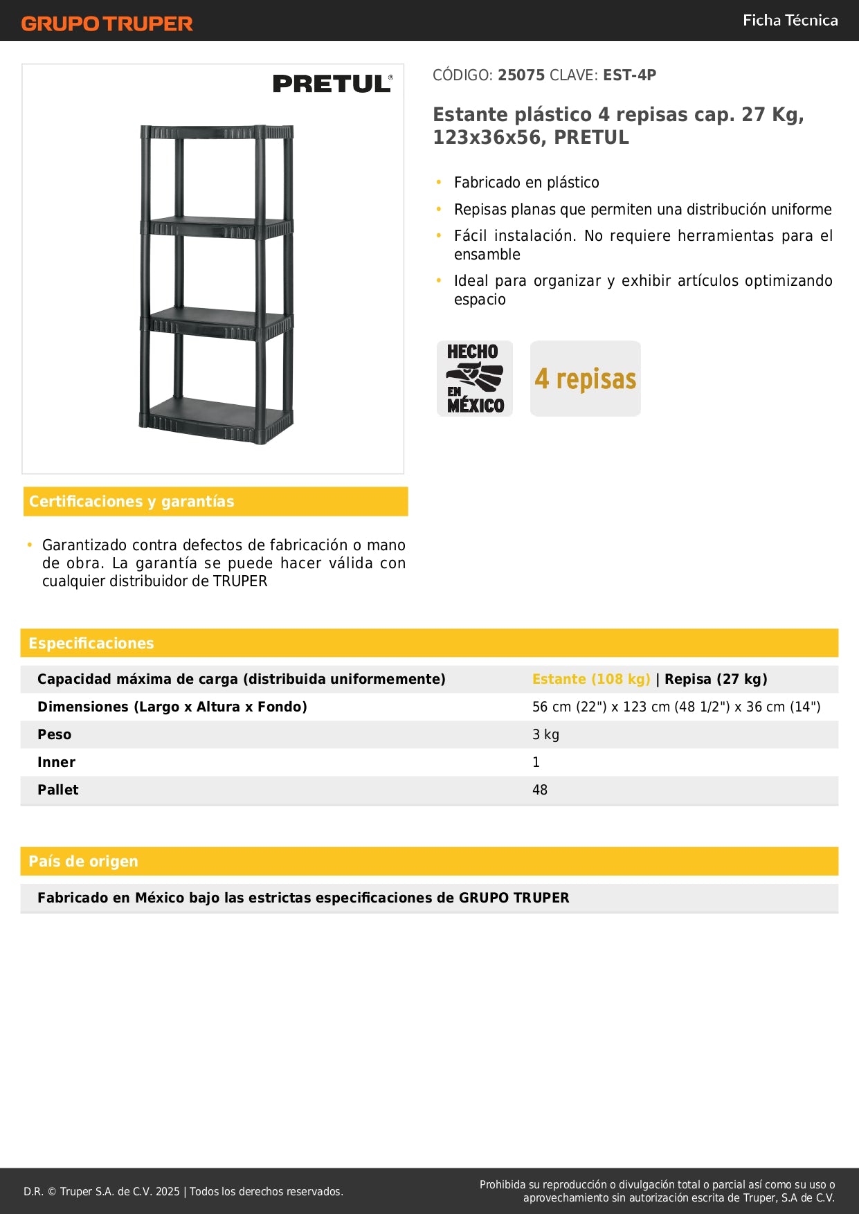 Estante Organizador Plástico 4 Niveles PRETUL - Solución Profesional de Almacenamiento