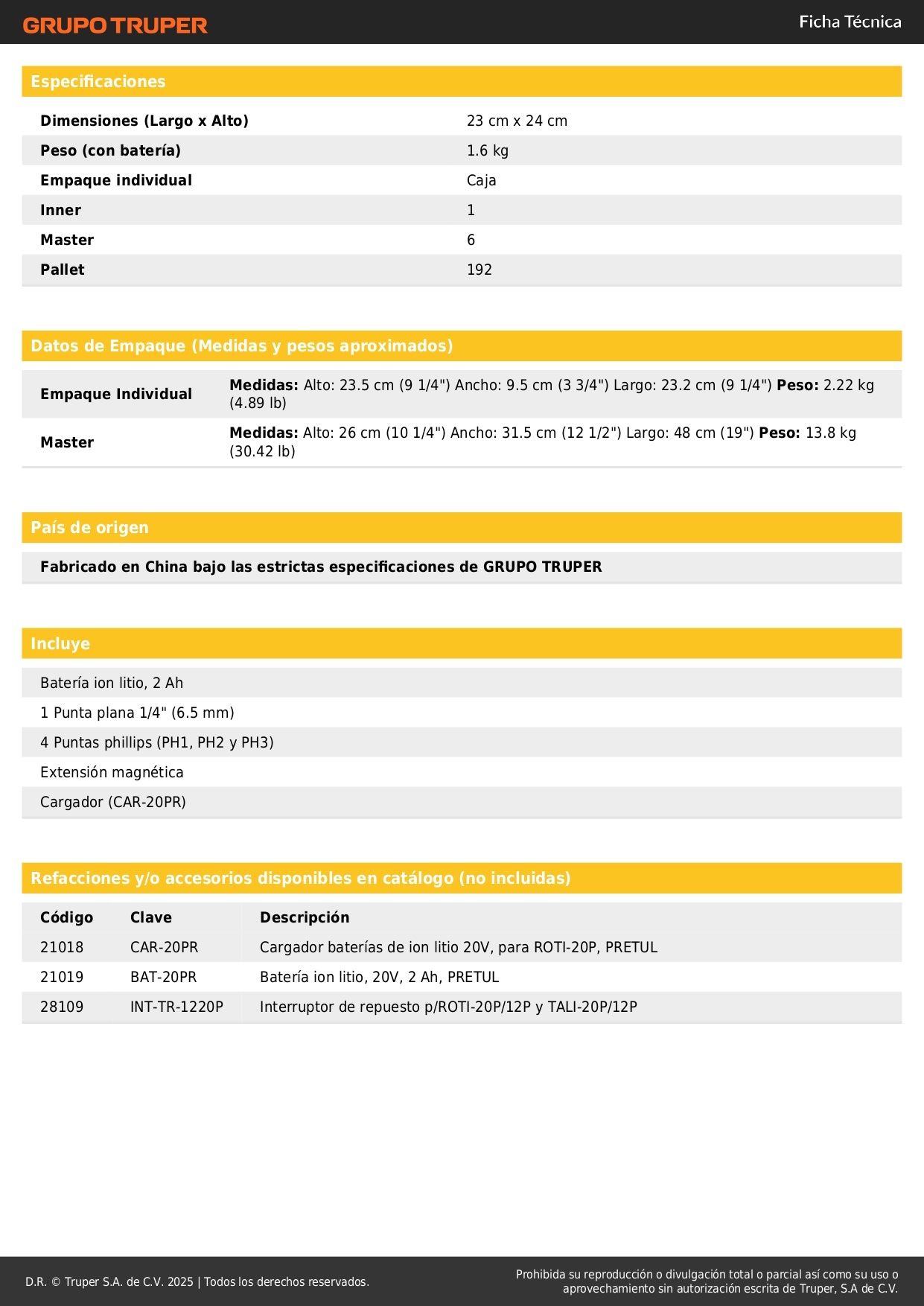 Rotomartillo PRETUL 1/2" 20V Inalámbrico con Batería 2Ah | ROTI-20P2