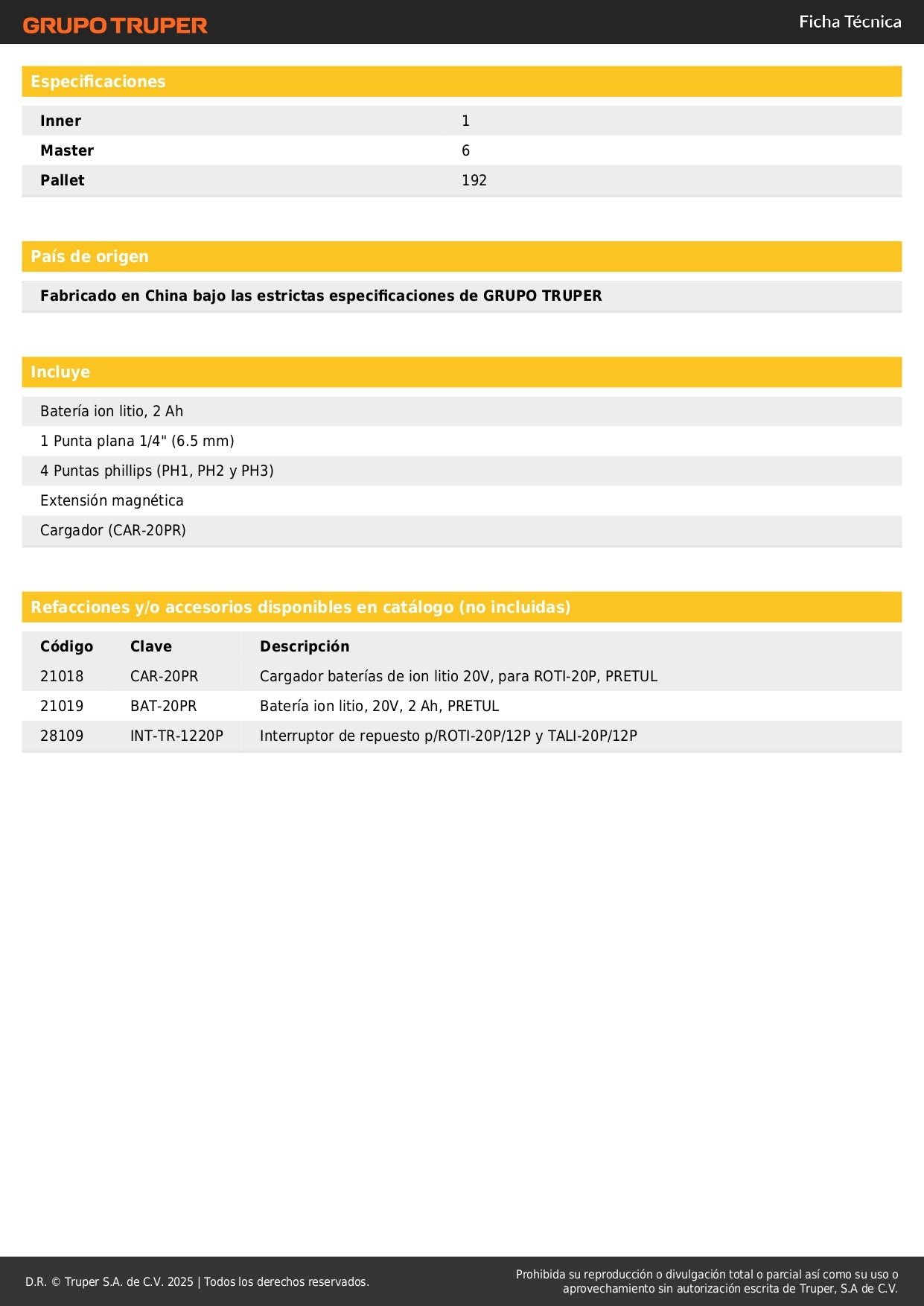 Taladro Inalámbrico PRETUL 1/2" 20V con Batería Ion Litio 2Ah - 2 Velocidades y 21 Niveles de Torque