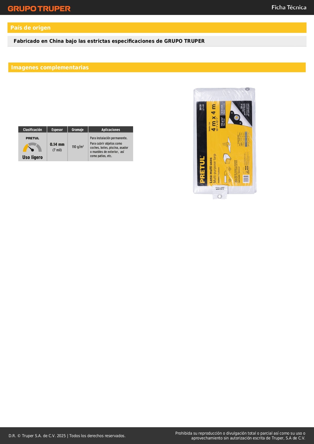 Lona Impermeable PRETUL 4x4m Blanca - Protección Total para Autos, Piscinas y Muebles Exterior - Polietileno Reforzado 110g/m² con Ojillos