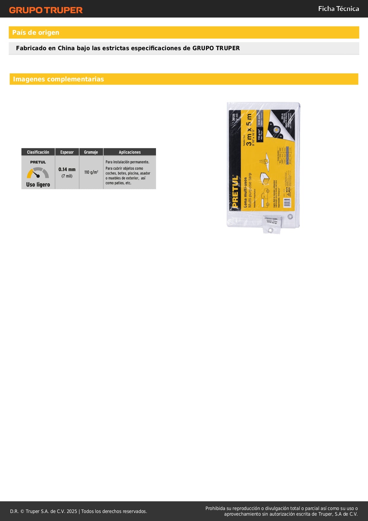 Lona Impermeable PRETUL 3x5m Blanca - Protección Total para Autos, Muebles y Patios - Polietileno Reforzado 110g/m² con Ojillos