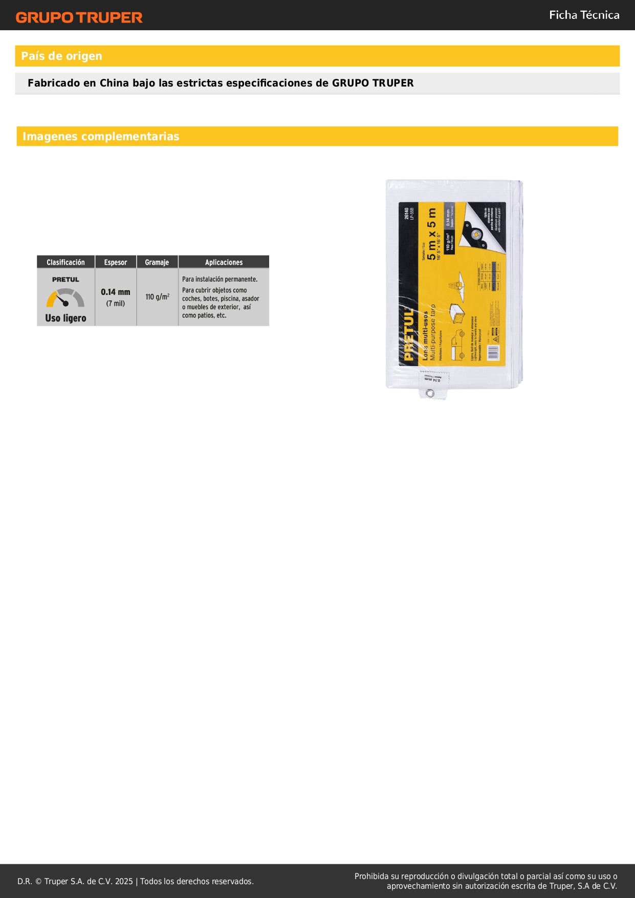 Lona Impermeable PRETUL LP-55B 5x5m Blanca - Protección Total para Autos, Piscinas y Muebles Exterior