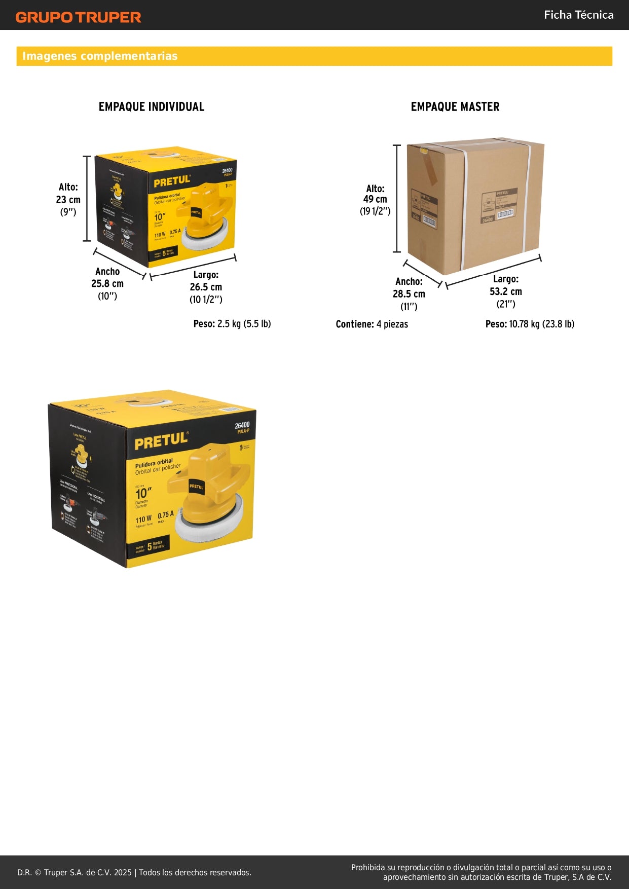 Pulidora Roto-Orbital PRETUL 10 Pulgadas 110W - Elimina Rayones y Remolinos en Pintura Automotriz, Metal y Fibra de Vidrio - Movimiento Orbital 3000 RPM - PULA-P