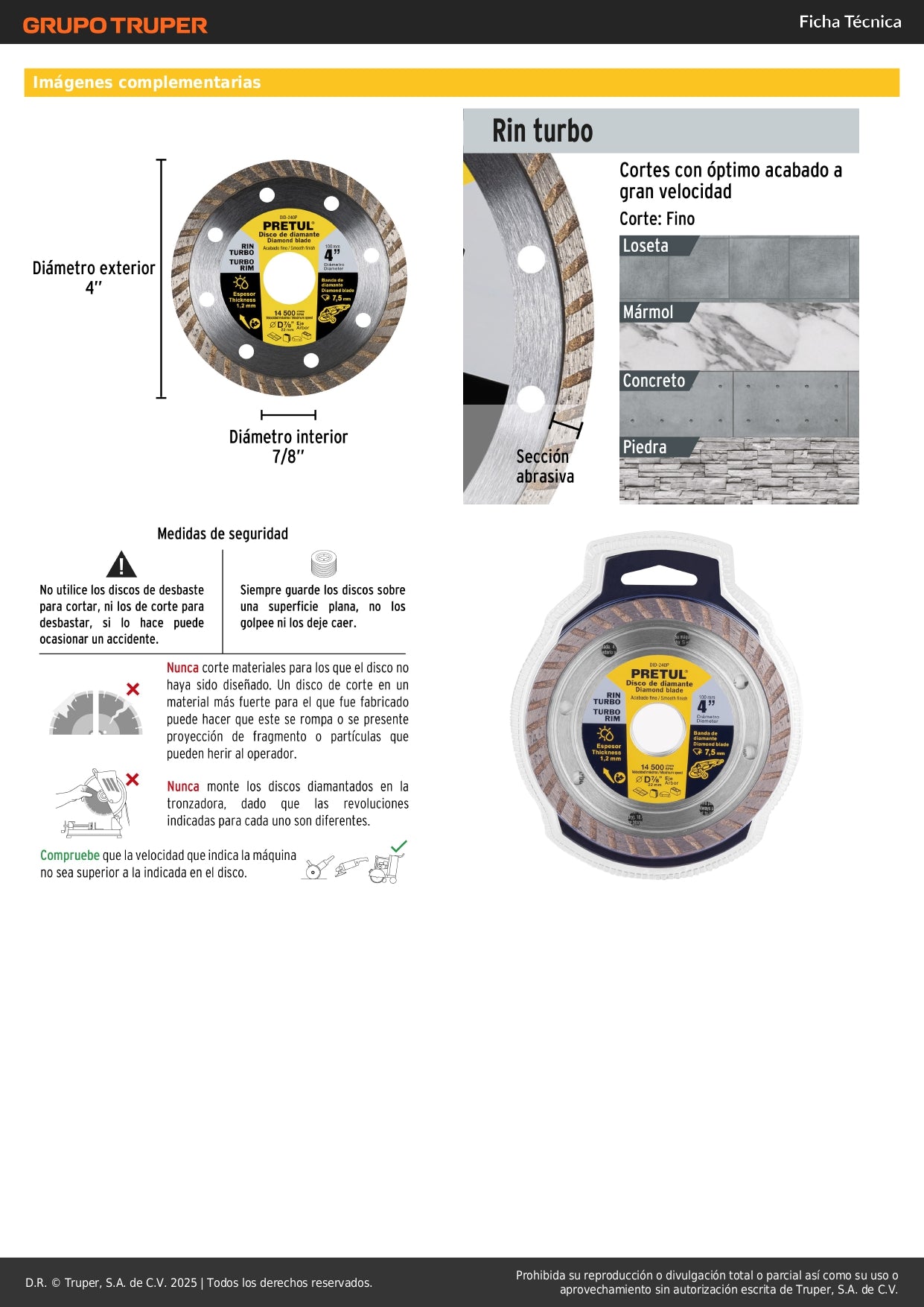 Disco de diamante de 4" x 1.2 mm, rin turbo, PRETUL