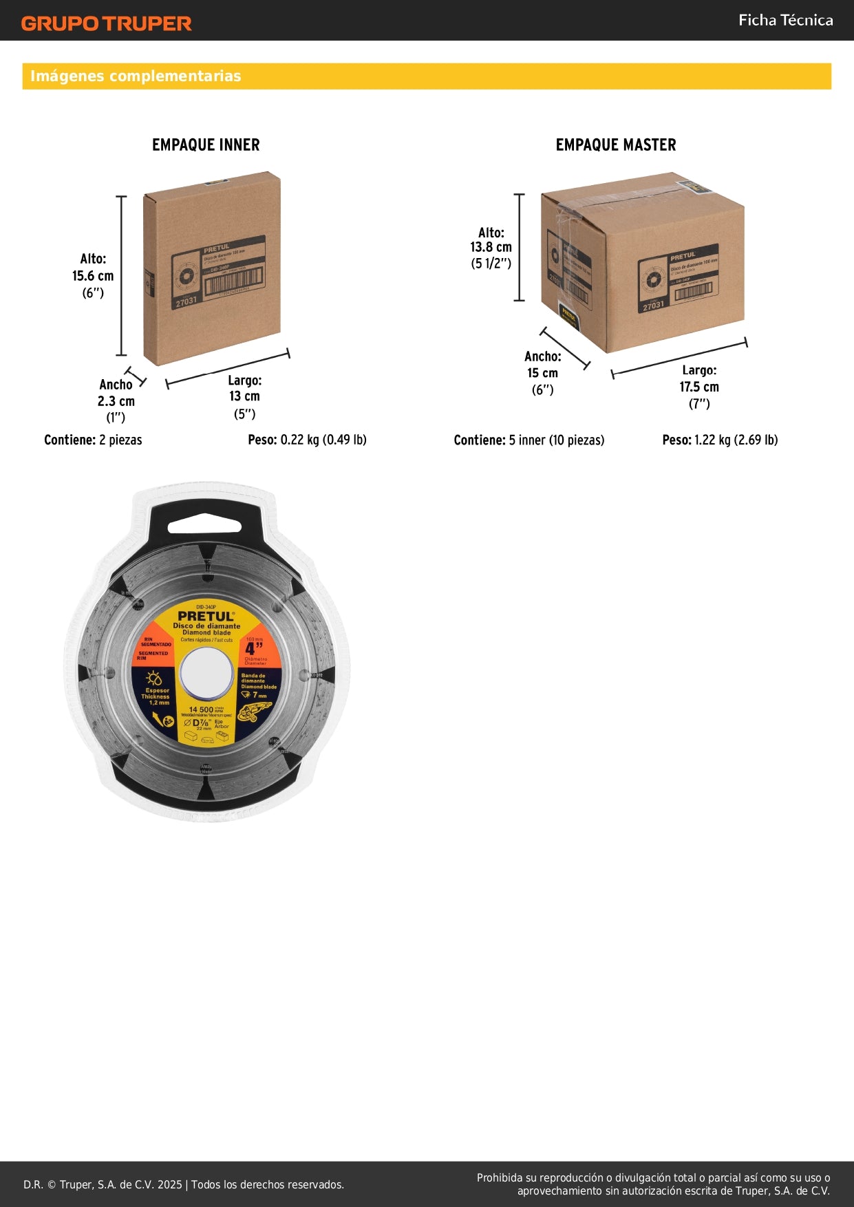 Disco de diamante de 4" x 1.2 mm rin segmentado, PRETUL