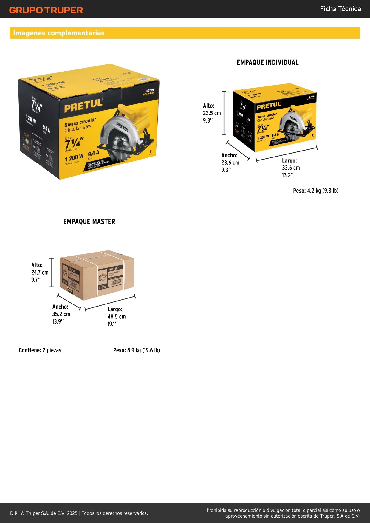 Sierra Circular PRETUL 7-1/4" 1200W Profesional - Cortes Precisos en Madera con Ajuste Bisel 45° y Sistema Cambio Rápido - SICI-7-1/4P