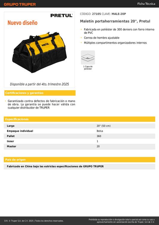 Maletín Portaherramientas Profesional 20 Pulgadas PRETUL - Organiza y Transporta Herramientas con Múltiples Compartimentos