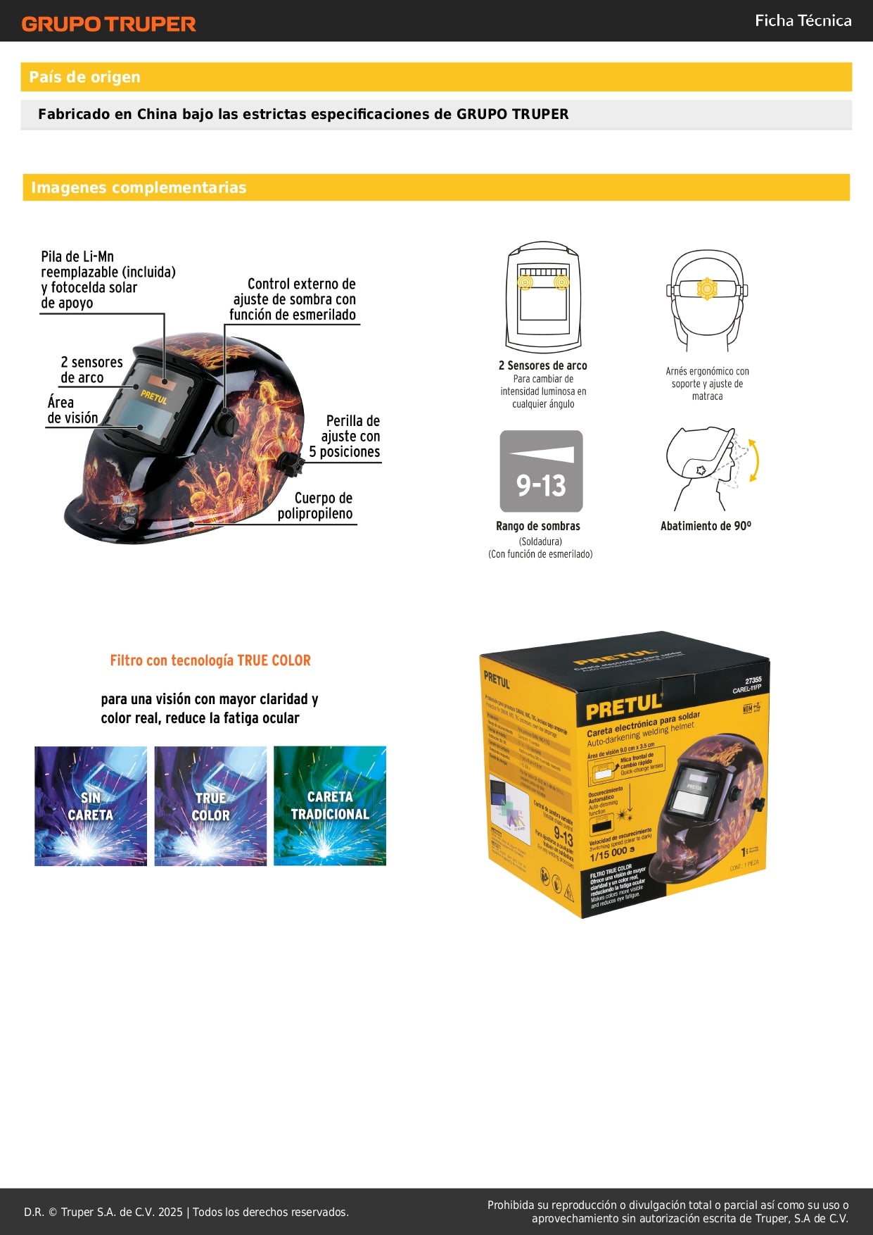 Careta Electrónica Soldadura PRETUL CAREL-11FP - Sombra Variable 9-13 - Protección Profesional Anti-Fatiga Ocular