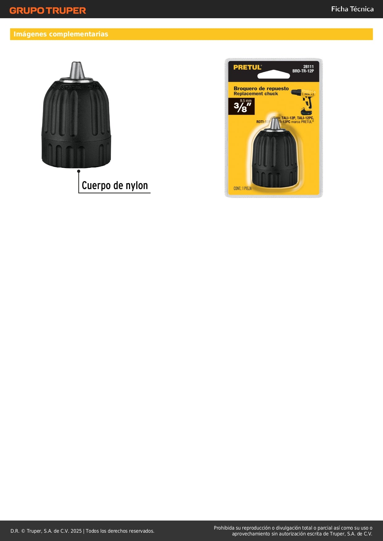 Broquero 3/8" sin llave, para máquinas inalámbricas, PRETUL