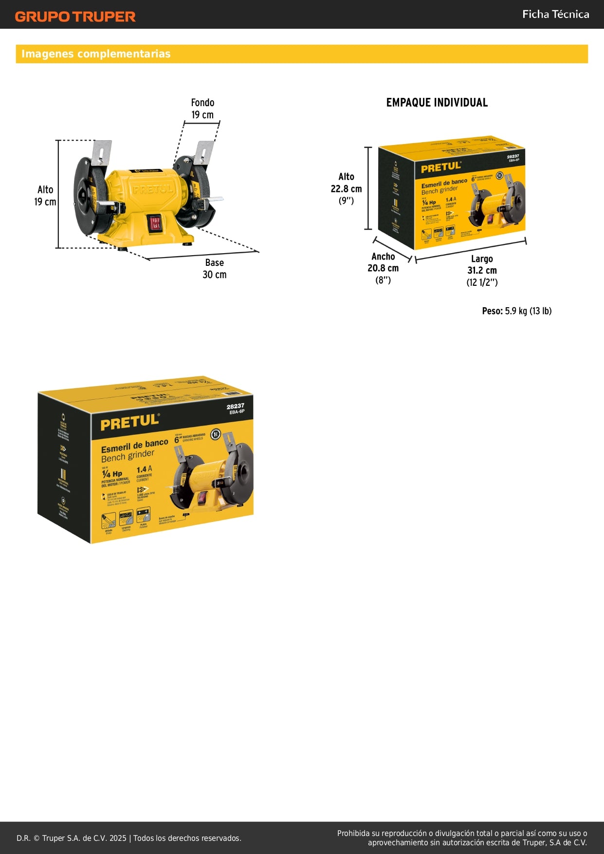 Esmeril de Banco 6 Pulgadas 1/4 HP Pretul EBA-6P - Motor Inducción Profesional para Afilado y Desbaste de Herramientas