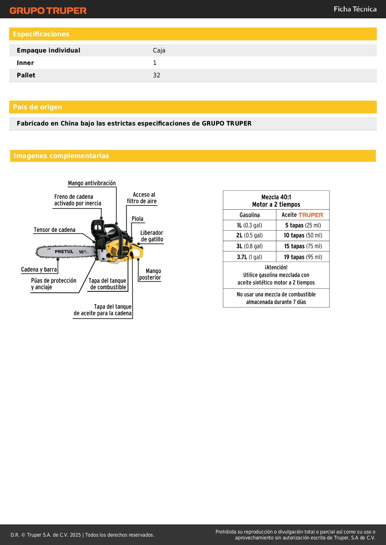 Motosierra Pretul 45cc 16 Pulgadas MOT-4516P - Corte Profesional de Árboles y Ramas con Motor 2.2HP Gasolina