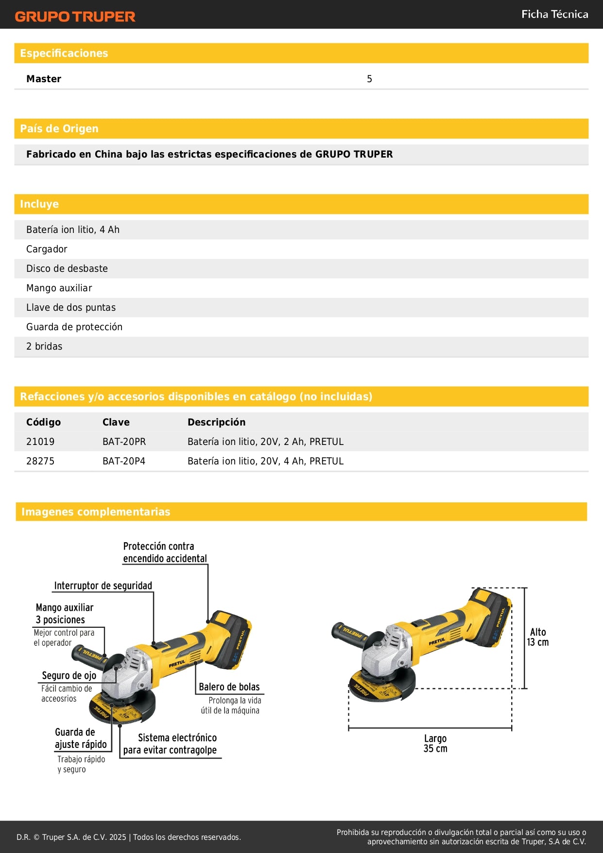 Esmeriladora Angular 4-1/2 Pulgadas 20V Inalámbrica PRETUL con Batería 4Ah - Herramienta Profesional para Corte y Esmerilado