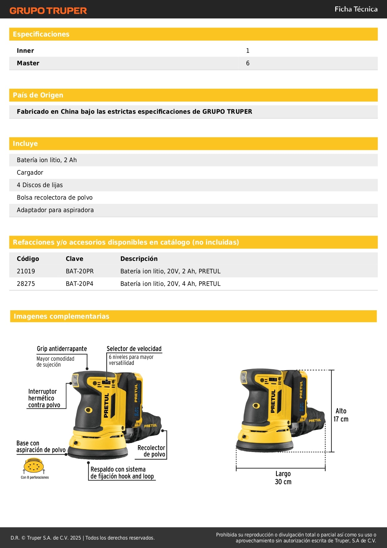 Lijadora Roto-Orbital PRETUL 5 Pulgadas 20V con Batería 2Ah - Sistema Hook and Loop, Doble Movimiento, Bolsa Recolectora