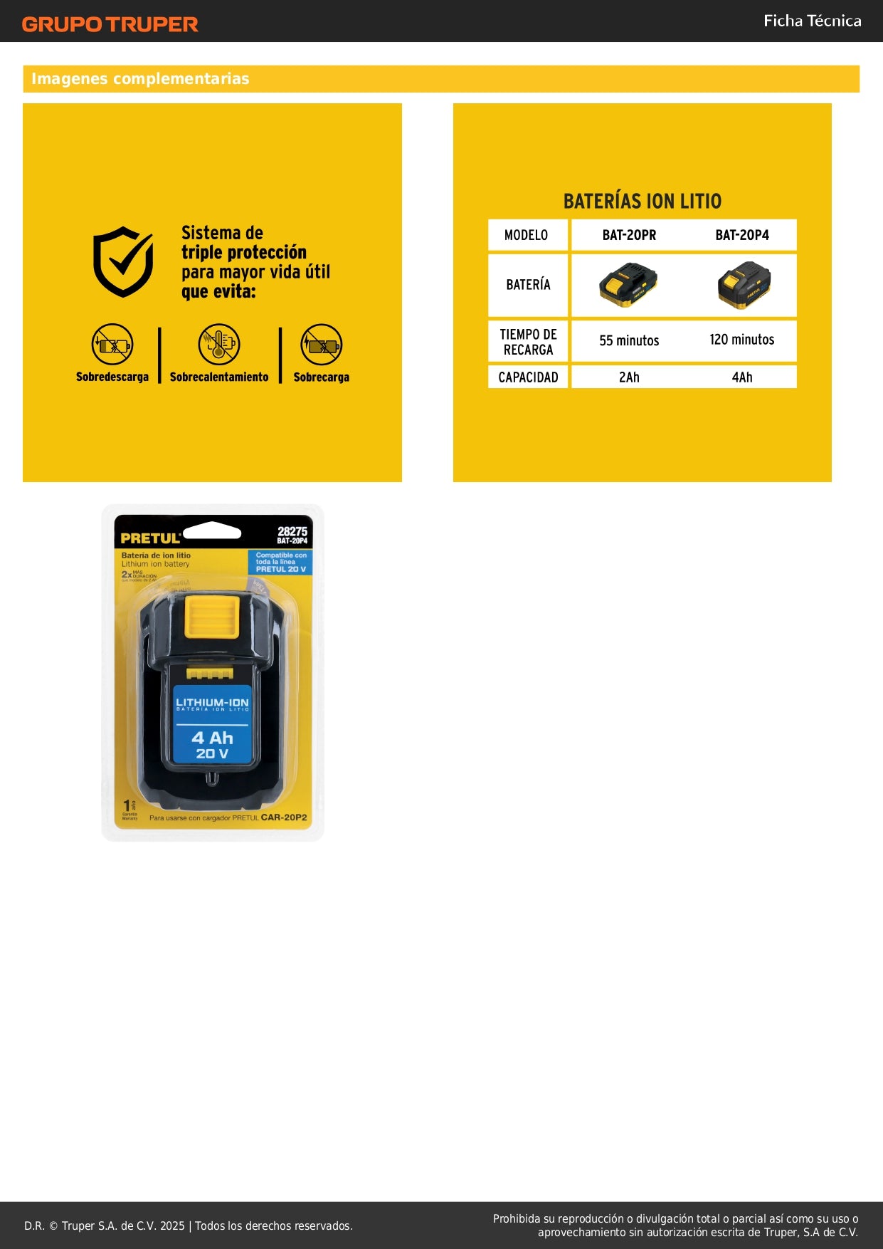 : Batería Ion Litio 20V 4Ah PRETUL - Triple Protección, LED Indicador, Compatible Herramientas Inalámbricas 20V