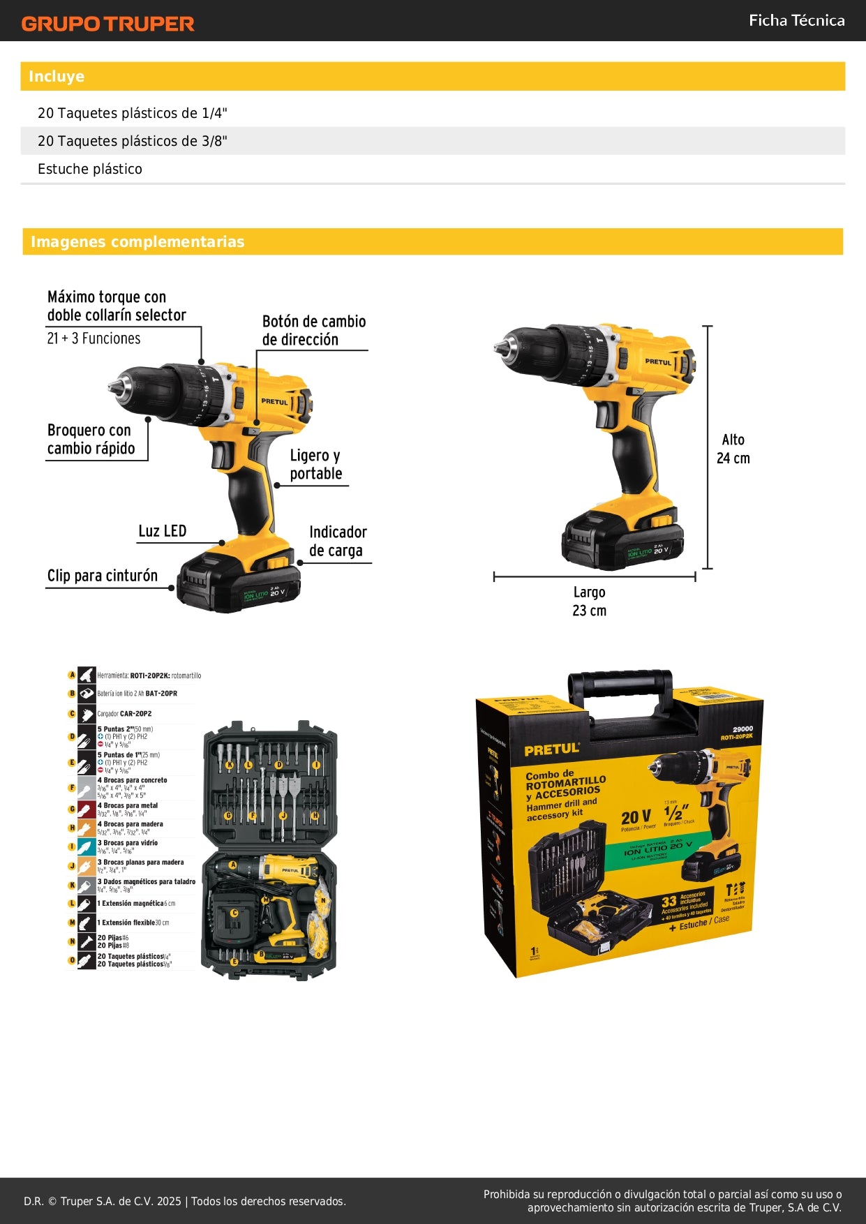 Rotomartillo PRETUL 1/2 Pulgada 20V Ion Litio con 32 Accesorios - Kit Completo Taladro Percutor Inalámbrico