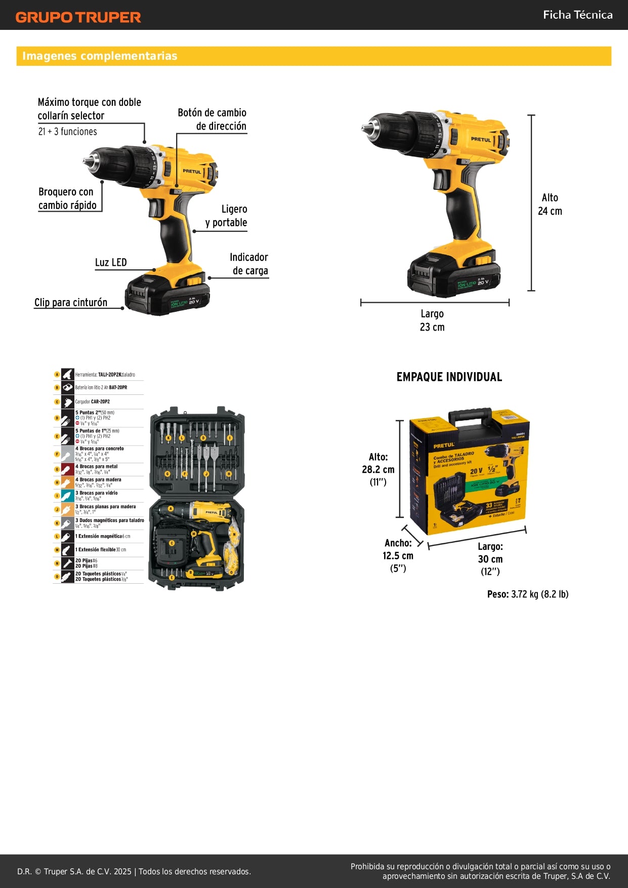 Kit Taladro Inalámbrico 1/2" 20V PRETUL con 32 Accesorios y Batería 2Ah - Herramienta Profesional