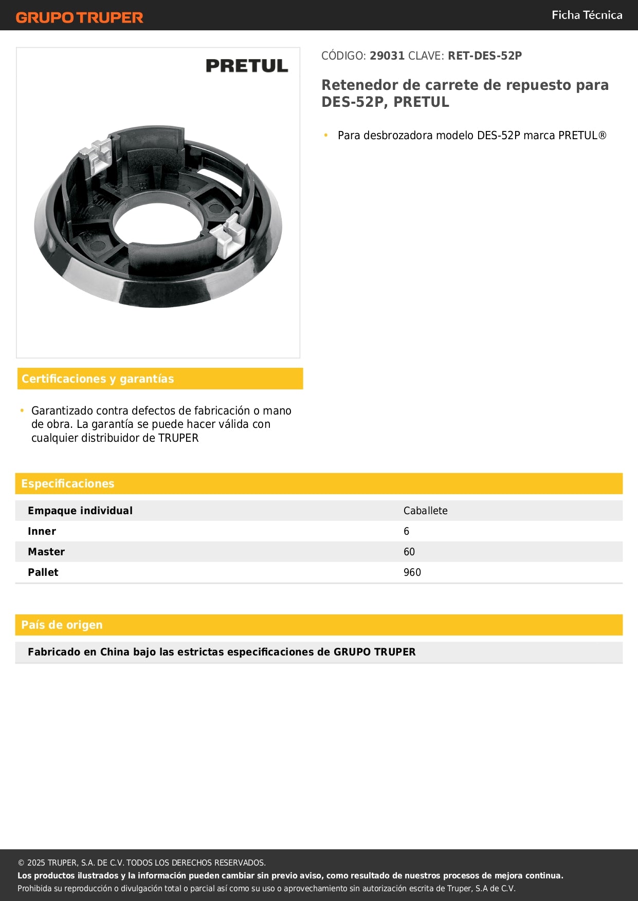 Retenedor de carrete de repuesto para DES-52P, PRETUL