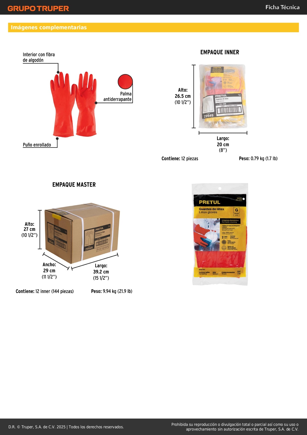 Guantes de Látex Rojos Antiderrapantes Pretul GU-348 - Protección Total para Limpieza con Detergente - Talla G con Puño Enrollado