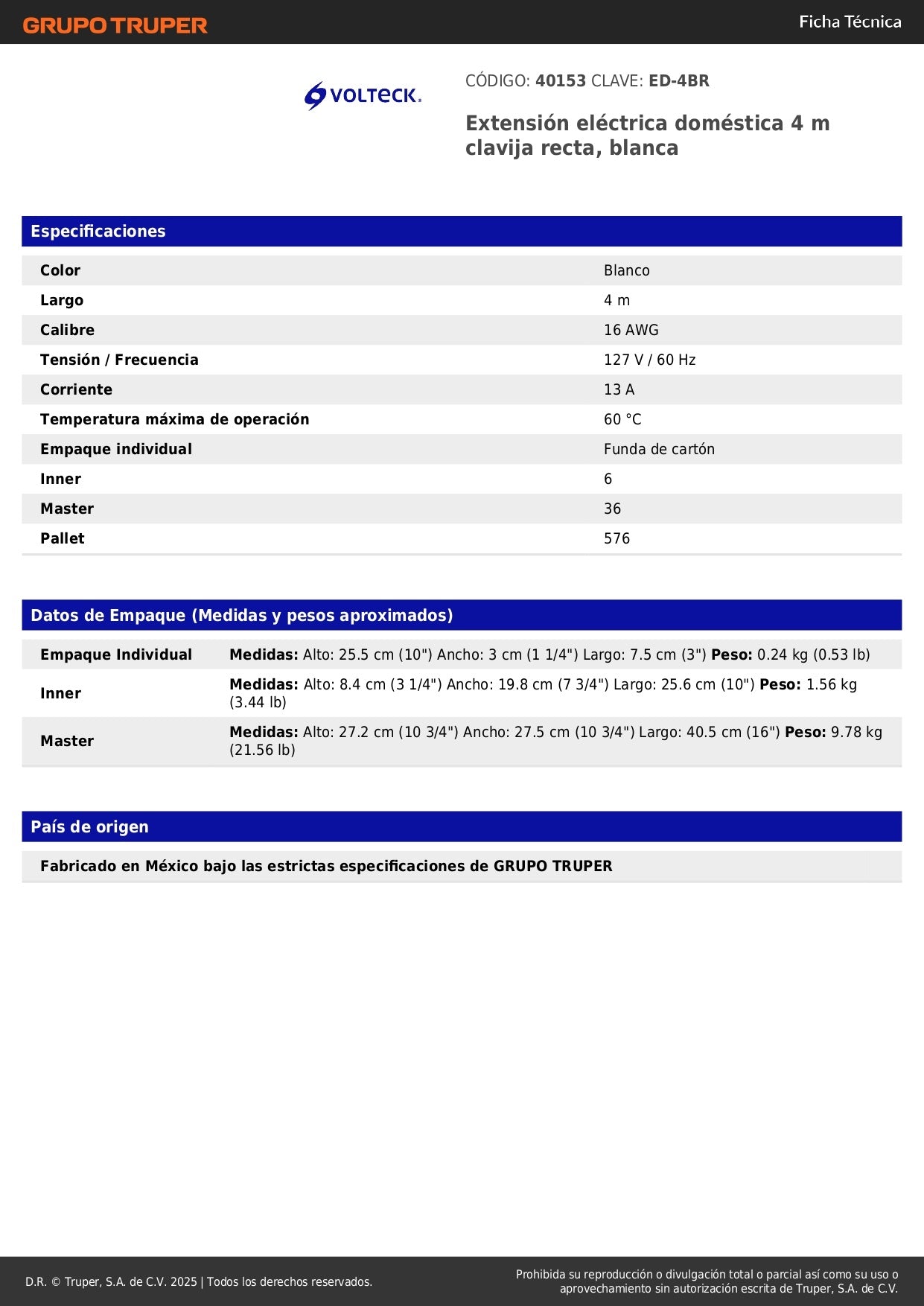 Extensión Eléctrica 4 Metros ED-4BR - Cable Doméstico Blanco con Clavija Recta para Conexión Segura de Electrodomésticos
