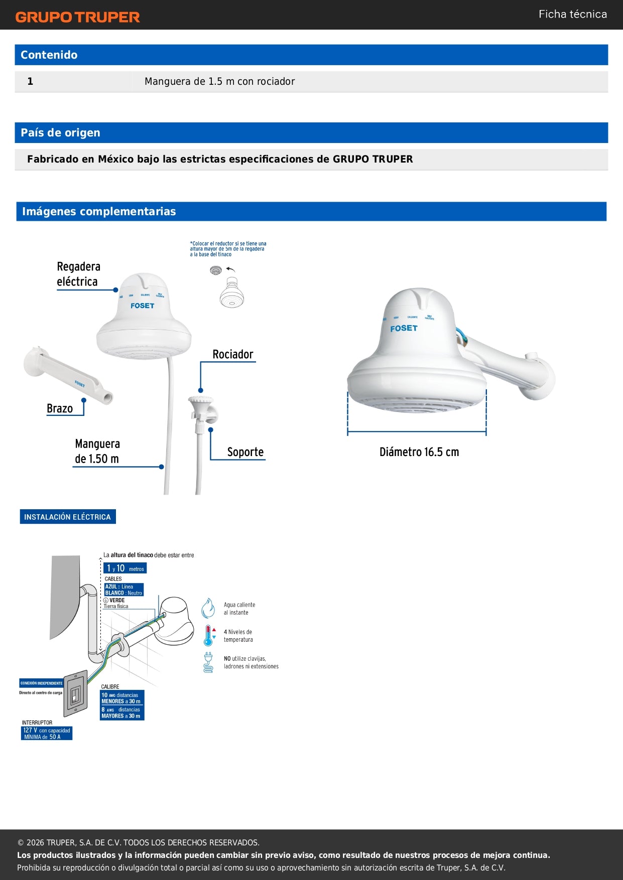 Regadera eléctrica, 4 temperaturas, 16.5cm, blanca, FOSET