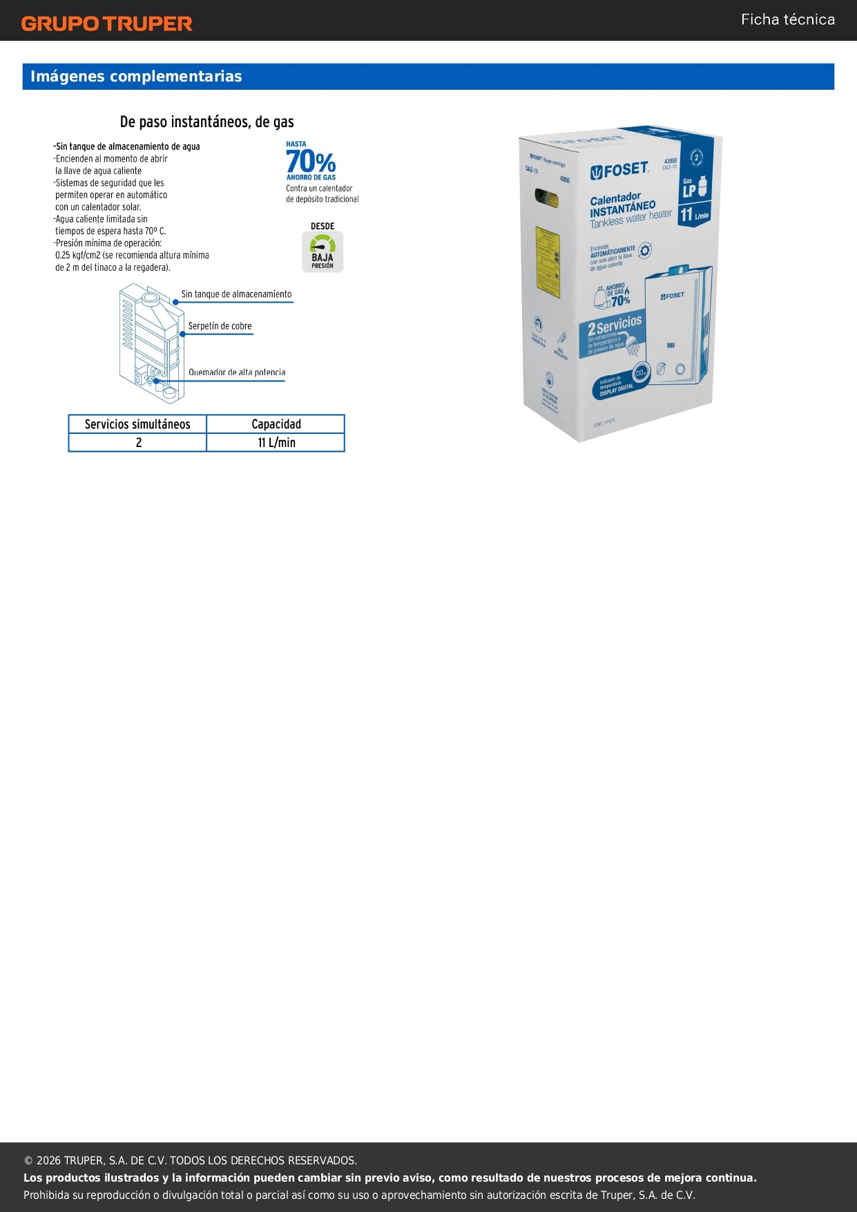 Calentador instantáneo, 11L, 2 servicios, gas LP, FOSET