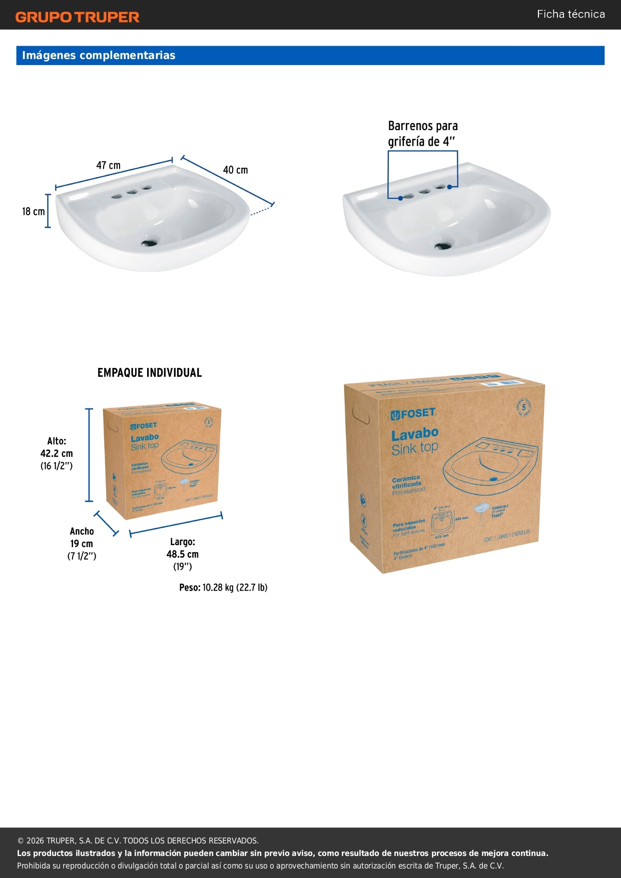 Lavabo Porcelana Blanco con Rebosadero FOSET 44002 | Instalación Fácil