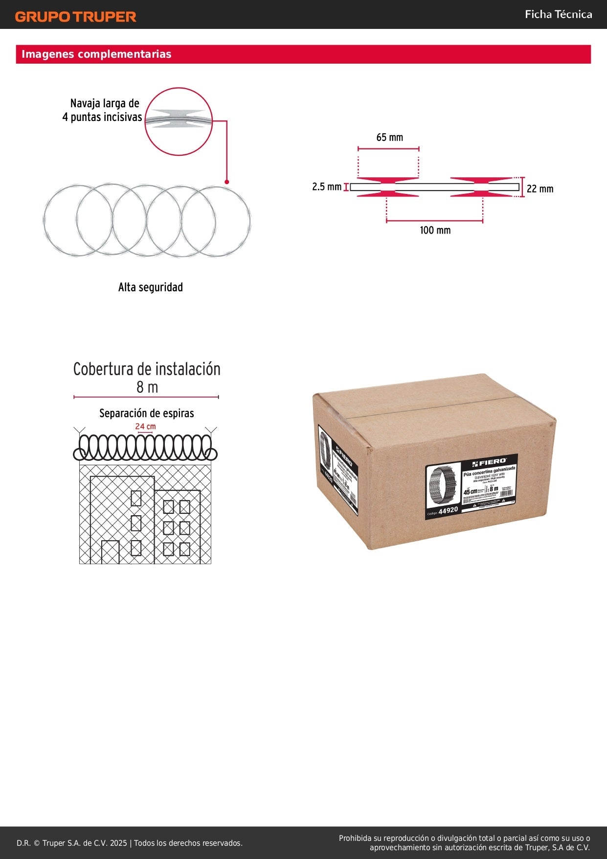 Rollo concertina alta seguridad, 45cm diámetro x 8m, Protección perimetral de predios