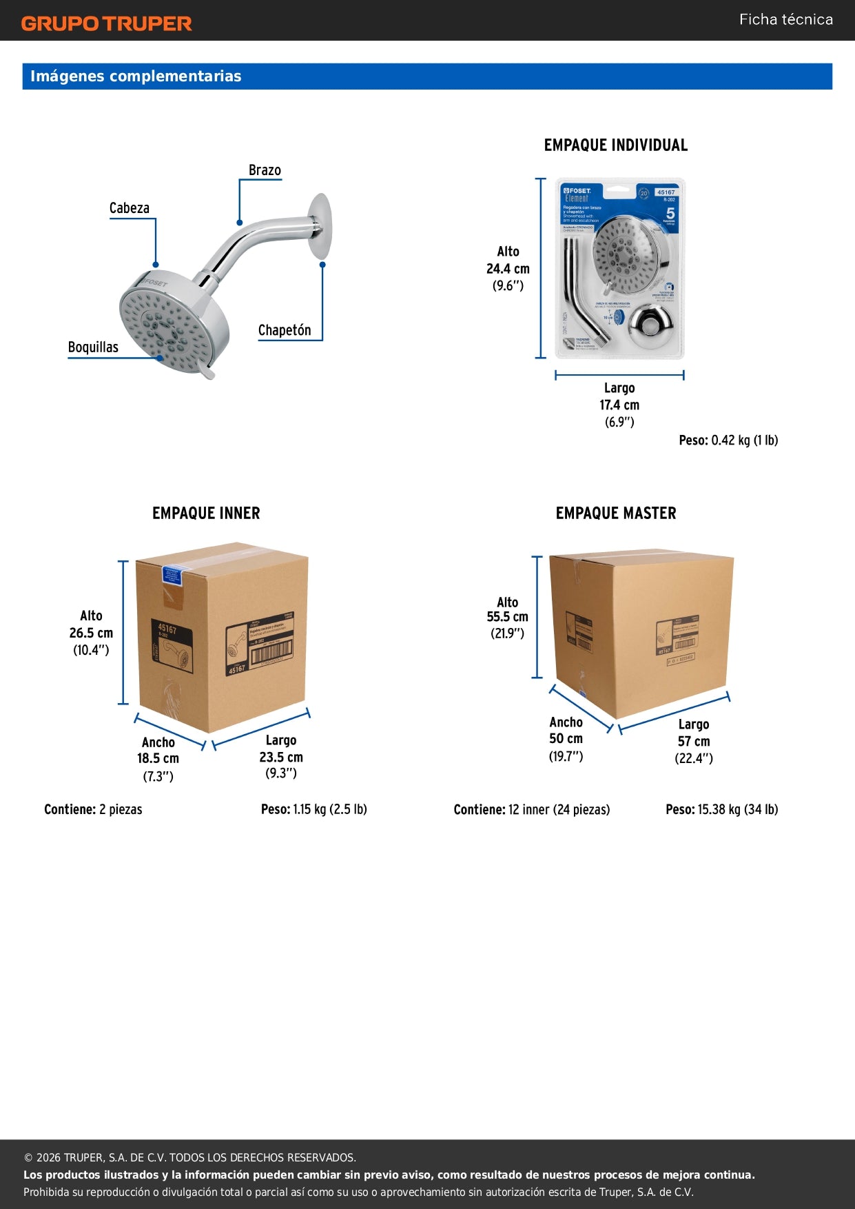 Regadera 5 Funciones con Brazo Ajustable Cromada 4" FOSET ELEMENT