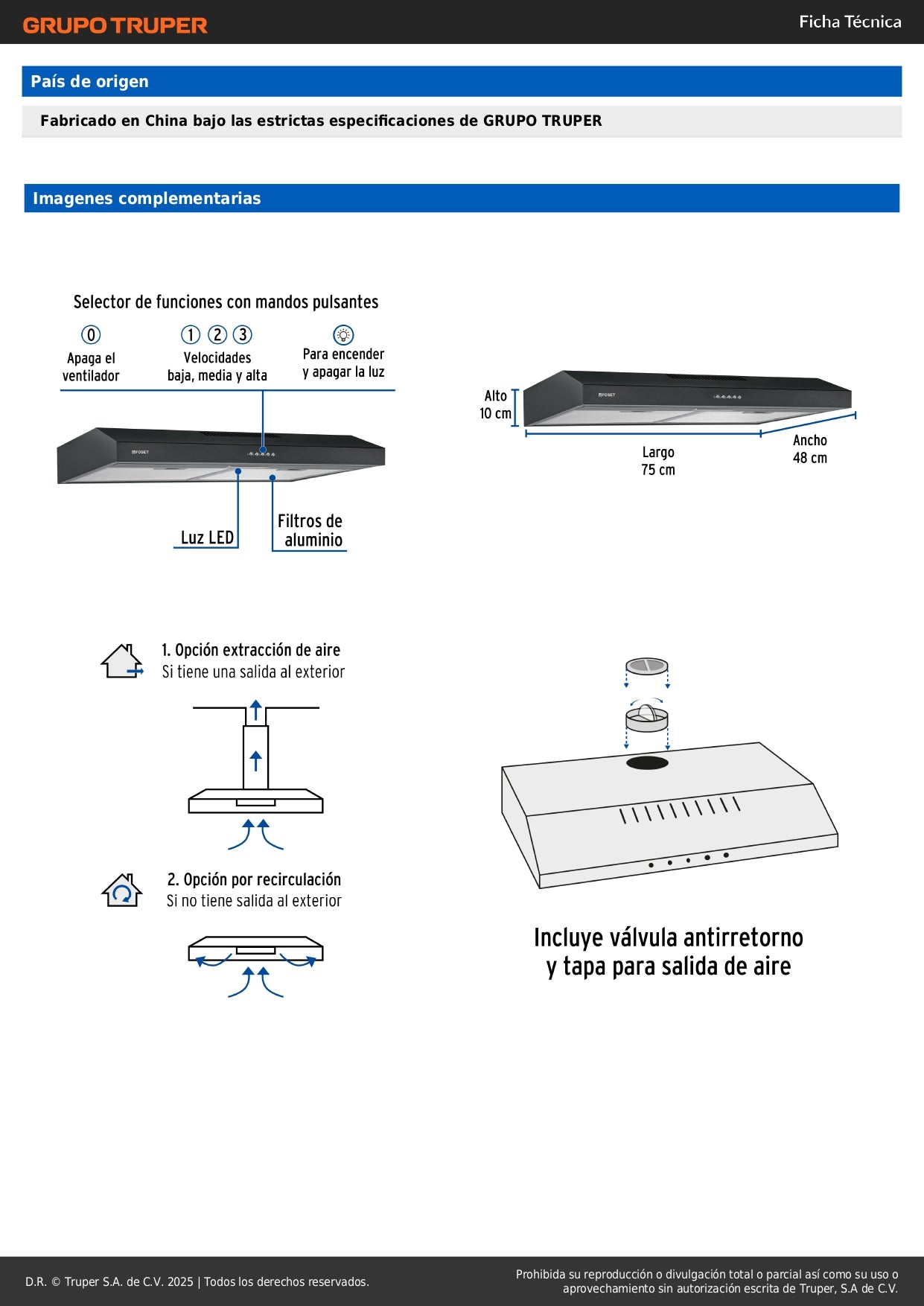Campana Extractora Empotrable 75cm FOSET Negra - 3 Velocidades LED Filtros Lavables